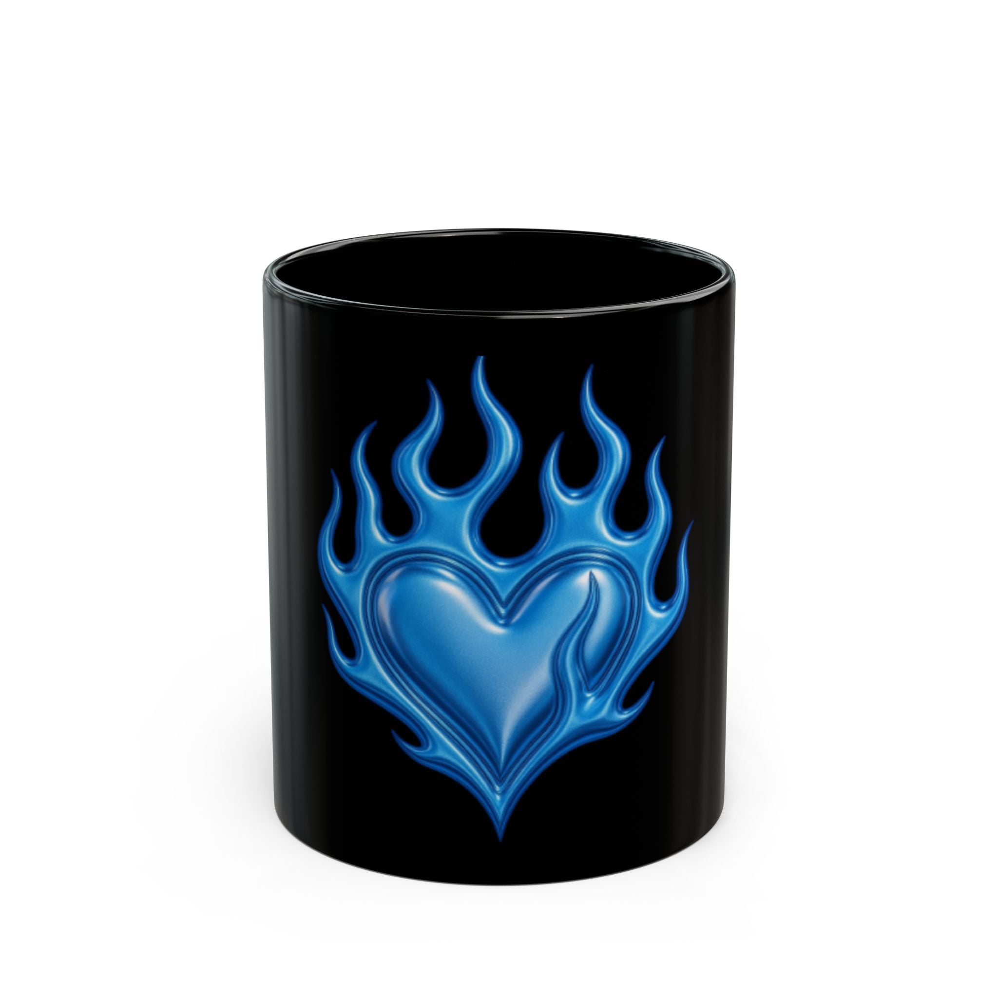 Blue Flaming Heart Black Mug — Gothic Romantic Coffee Cup (11oz & 15oz)