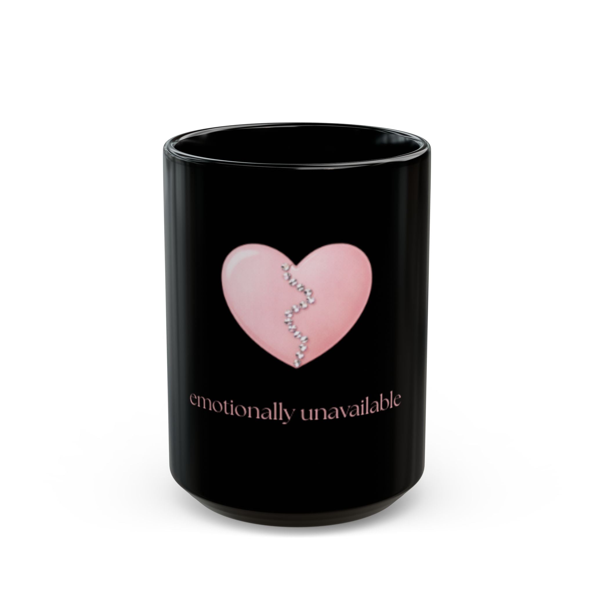 "Emotionally Unavailable" Black Mug — Pink Rhinestone Stitched Heart