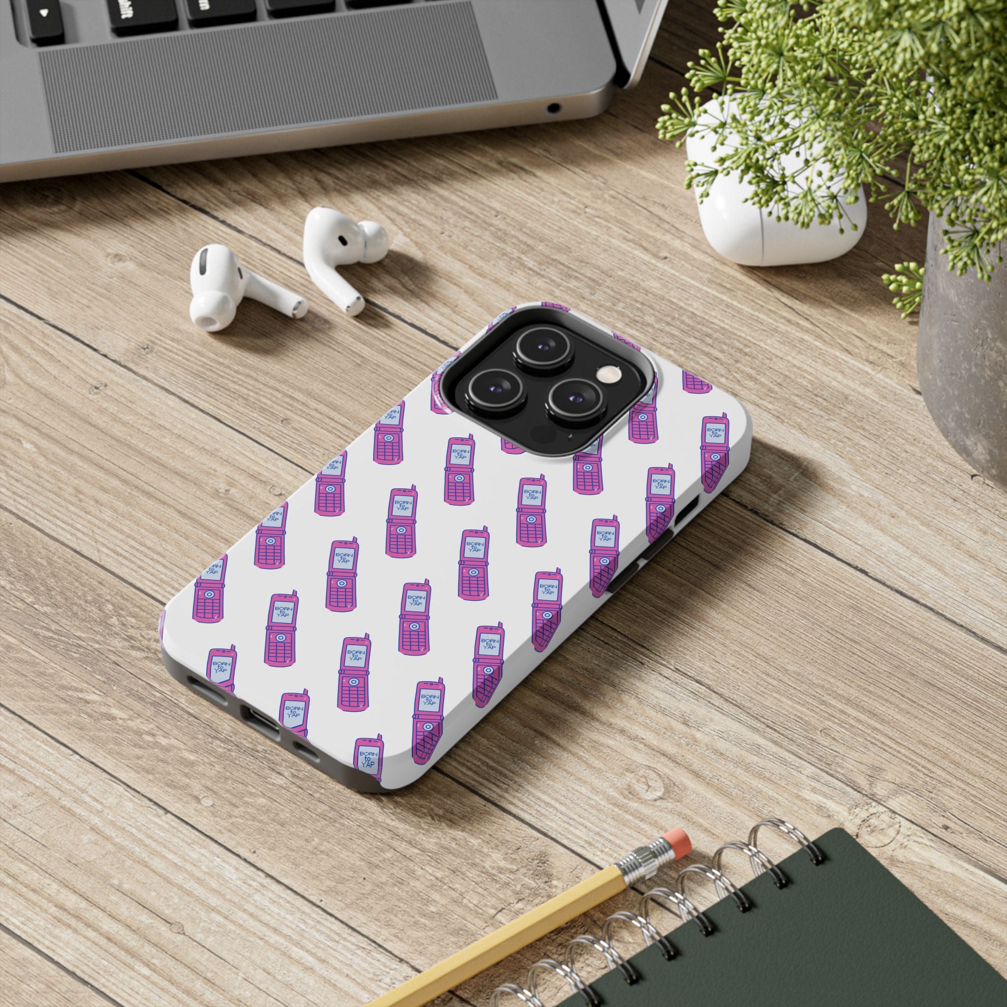 Retro Purple Born to Yap Flip Phone Phone Case | 90s Pattern, Cute Tech Design