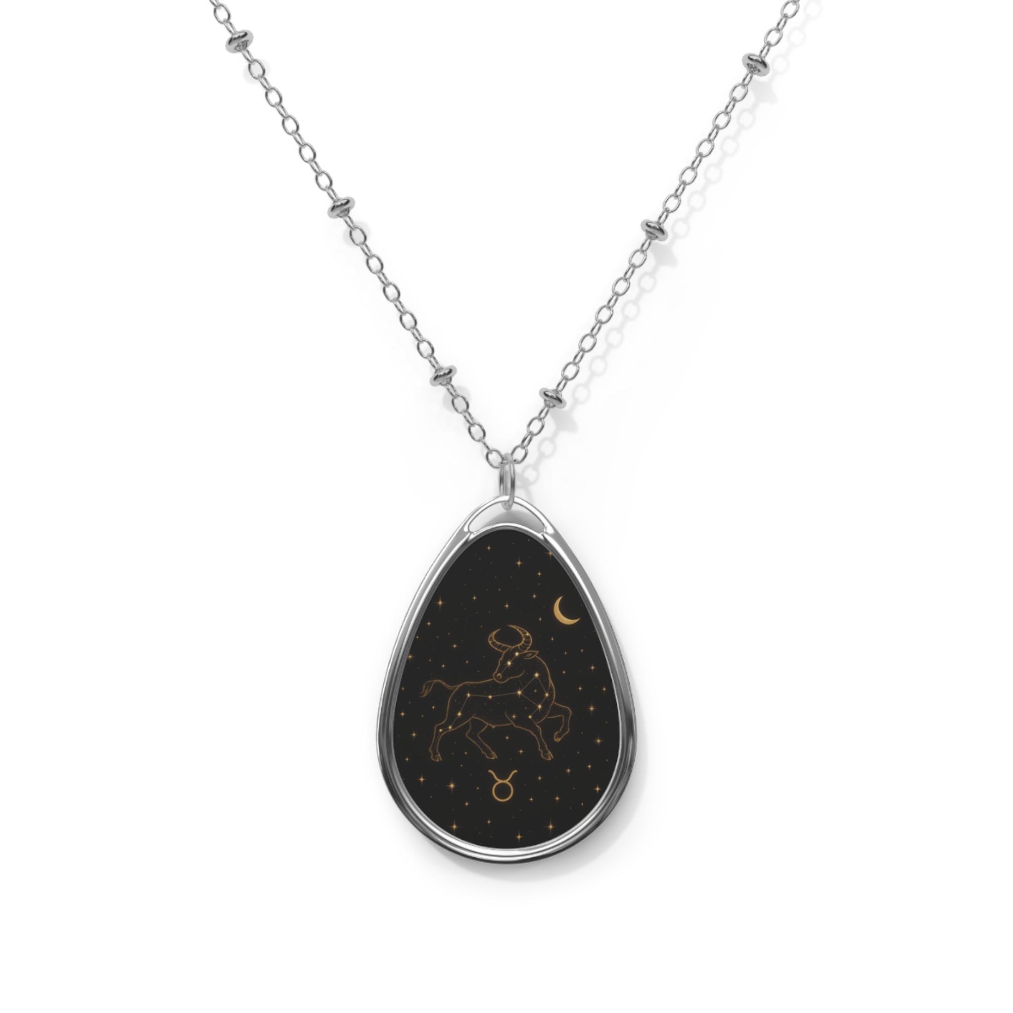 Zodiac Taurus Oval Necklace — Gold Constellation Pendant on Silver Teardrop