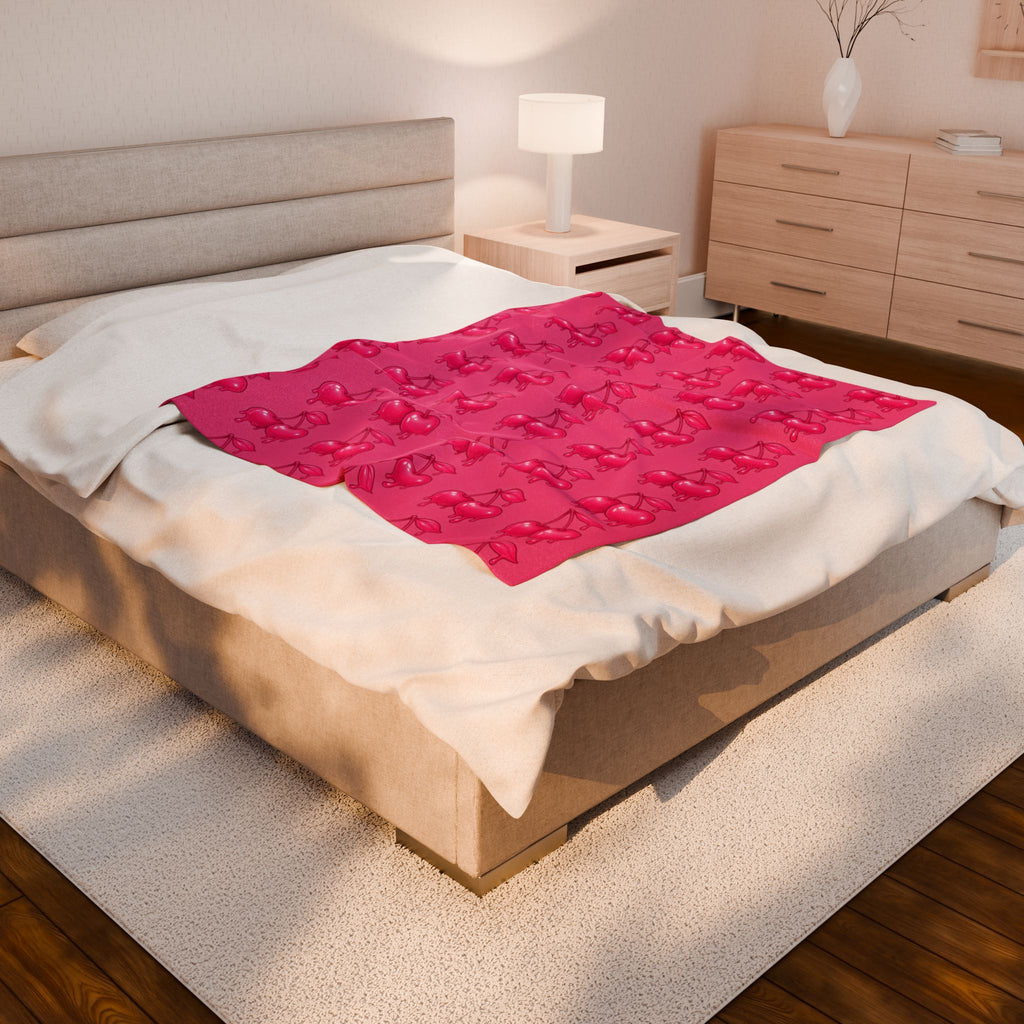 Dripping Candy Cherries Pink Velveteen Plush Blanket