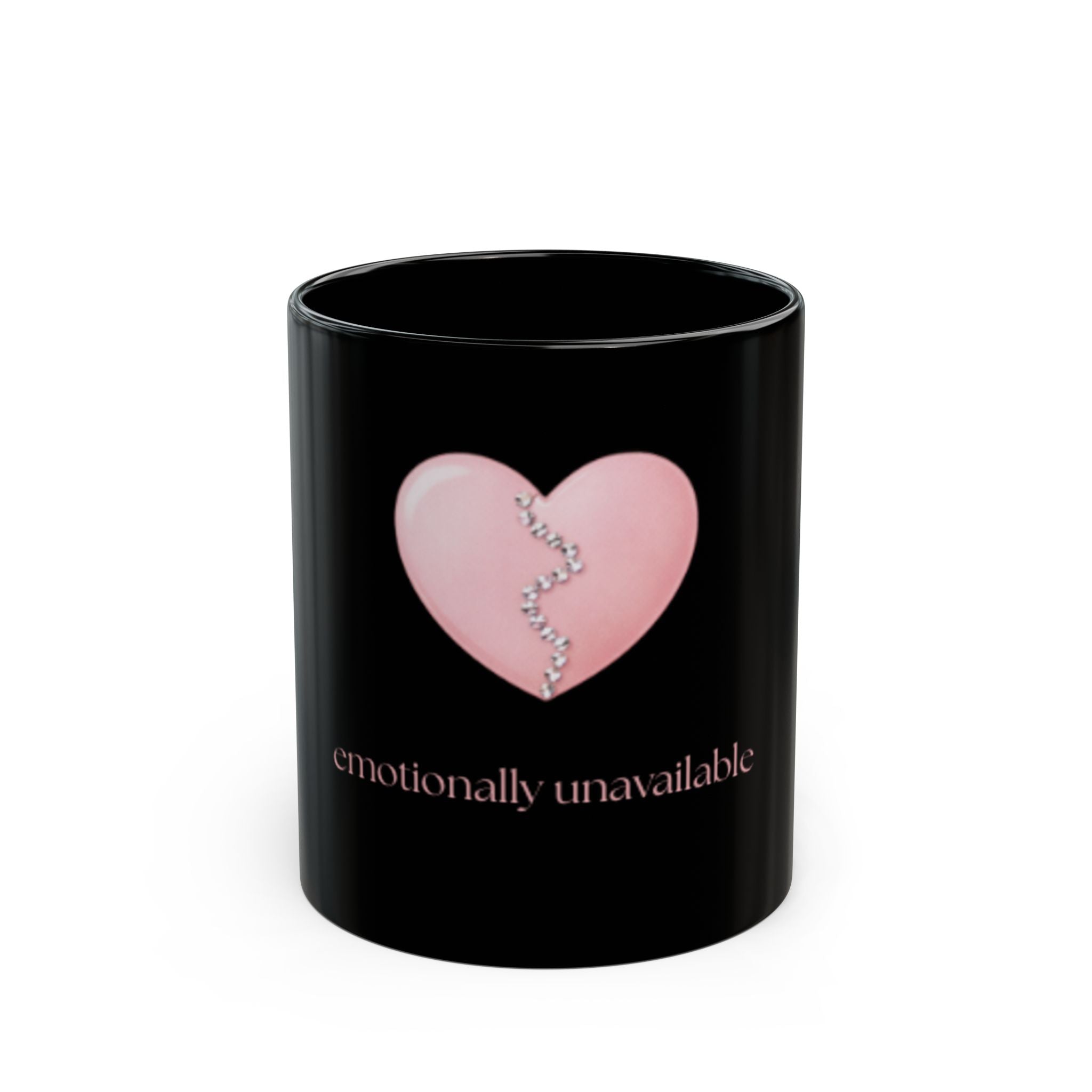 "Emotionally Unavailable" Black Mug — Pink Rhinestone Stitched Heart