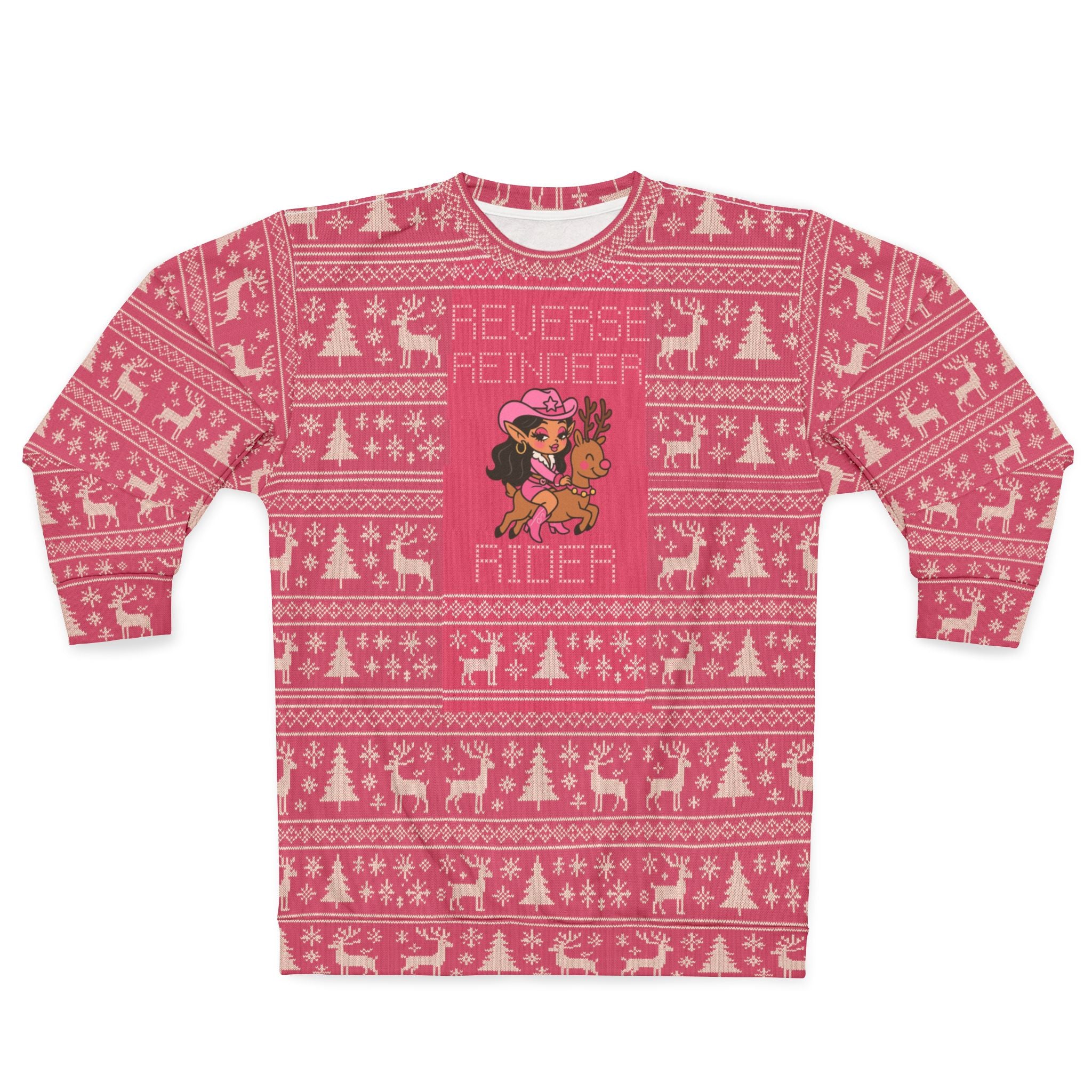 Dark Haired Reverse Reindeer Rider Sweatshirt — Pink Holiday Ugly Sweater