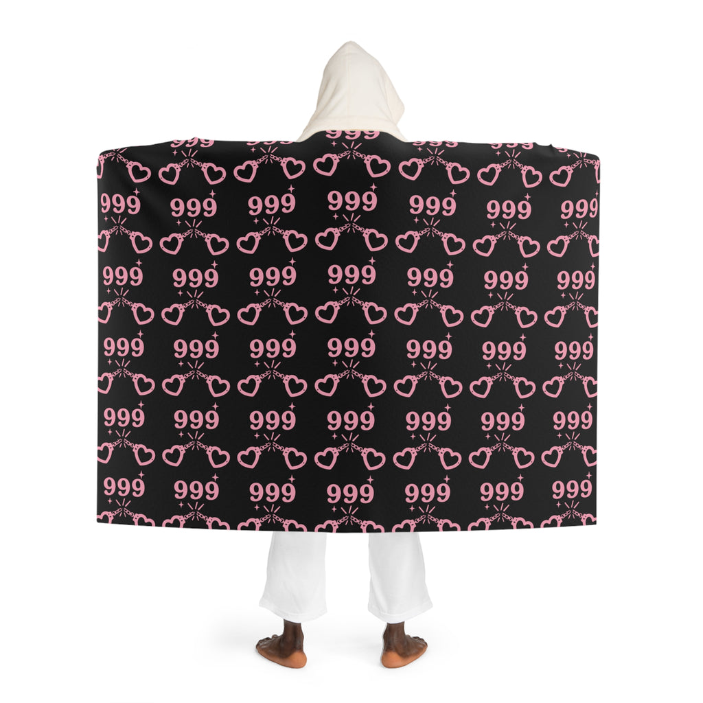 Hooded Sherpa Blanket — Black & Pink Heart Cuffs 999 Pattern