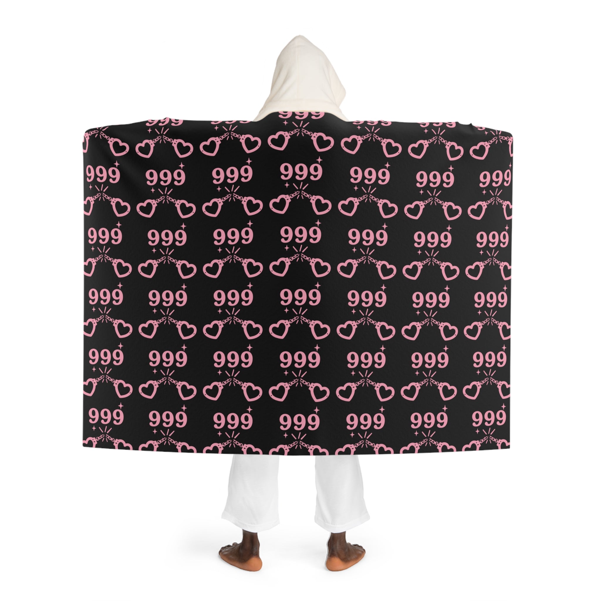 Hooded Sherpa Blanket — Black & Pink Heart Cuffs 999 Pattern