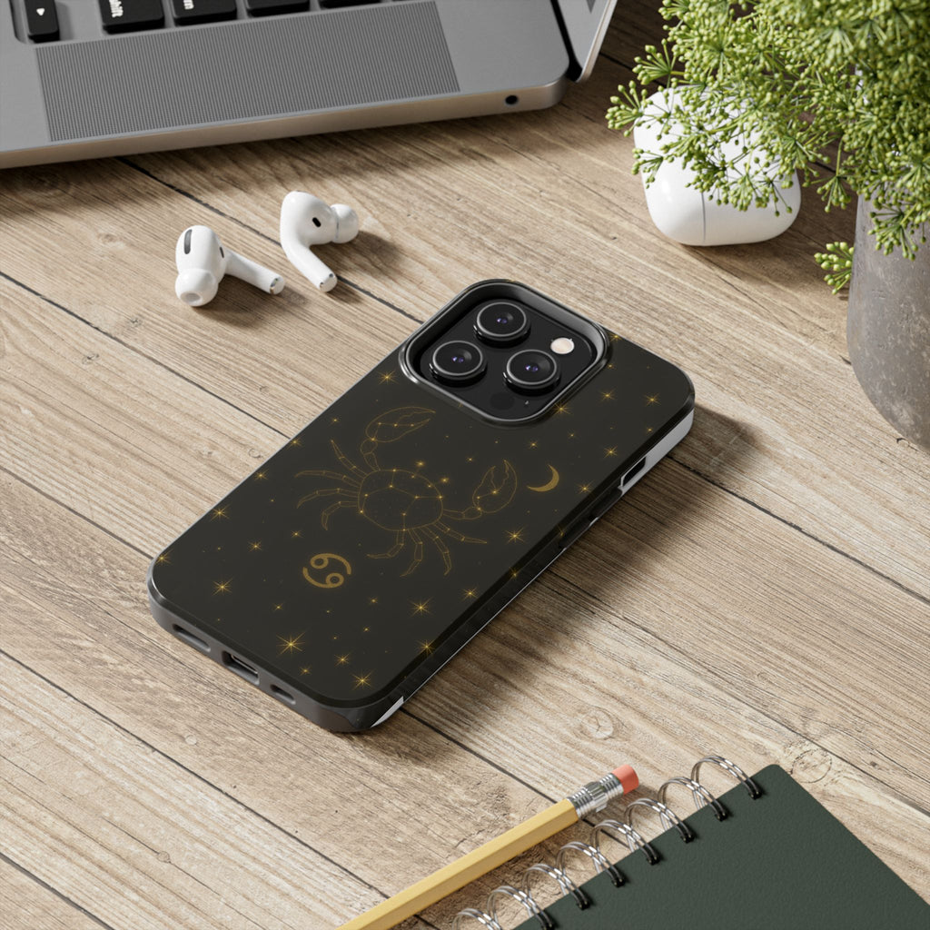 Cancer Zodiac Tough Phone Case — Gold Constellation Crab with Crescent Moon