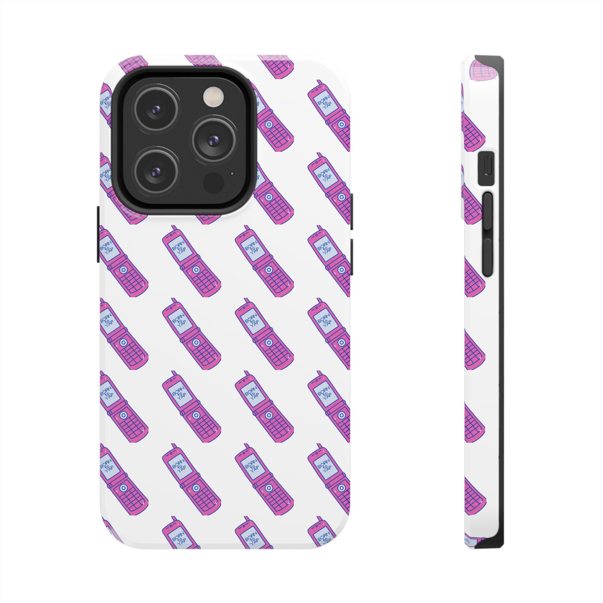Retro Purple Born to Yap Flip Phone Phone Case | 90s Pattern, Cute Tech Design