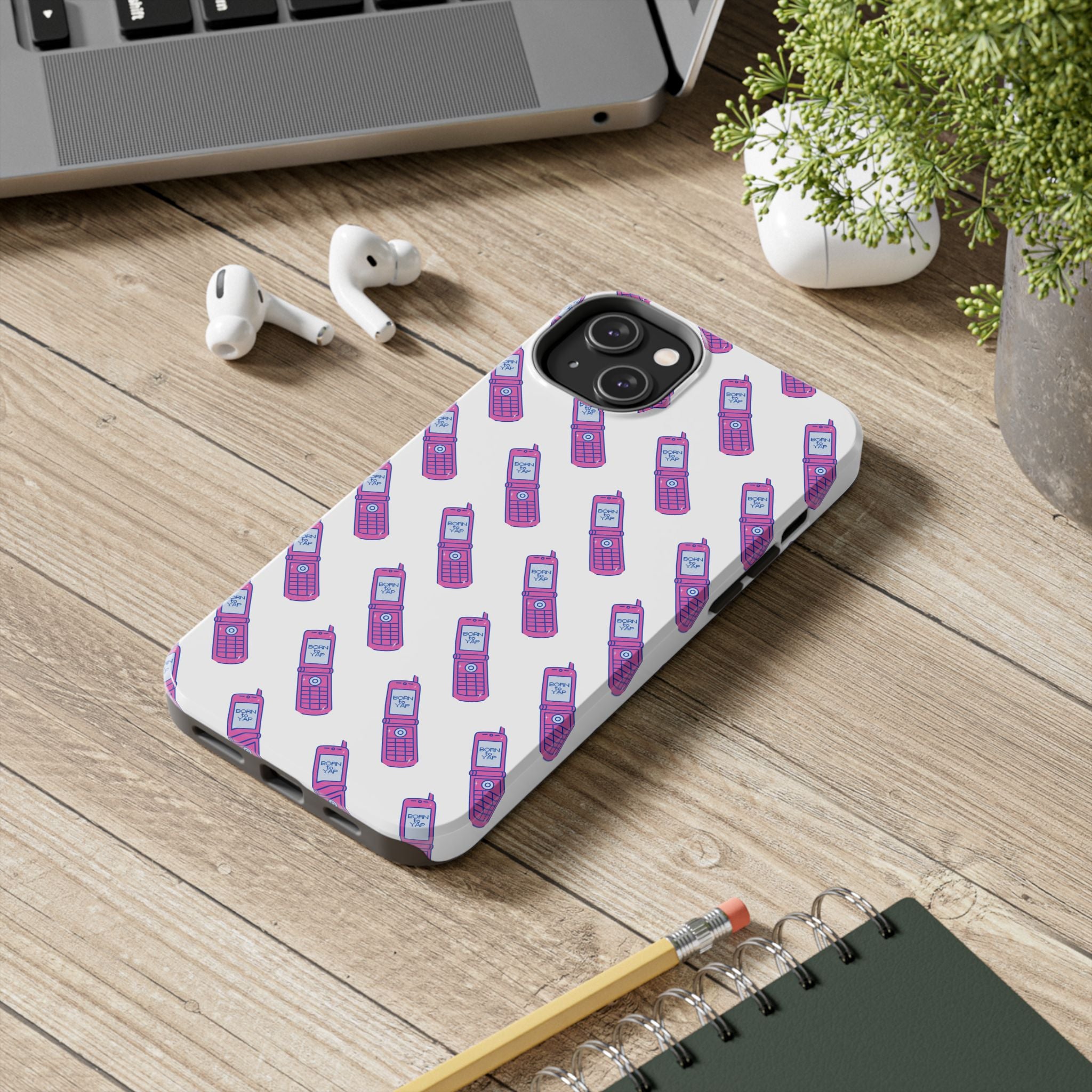 Retro Purple Born to Yap Flip Phone Phone Case | 90s Pattern, Cute Tech Design