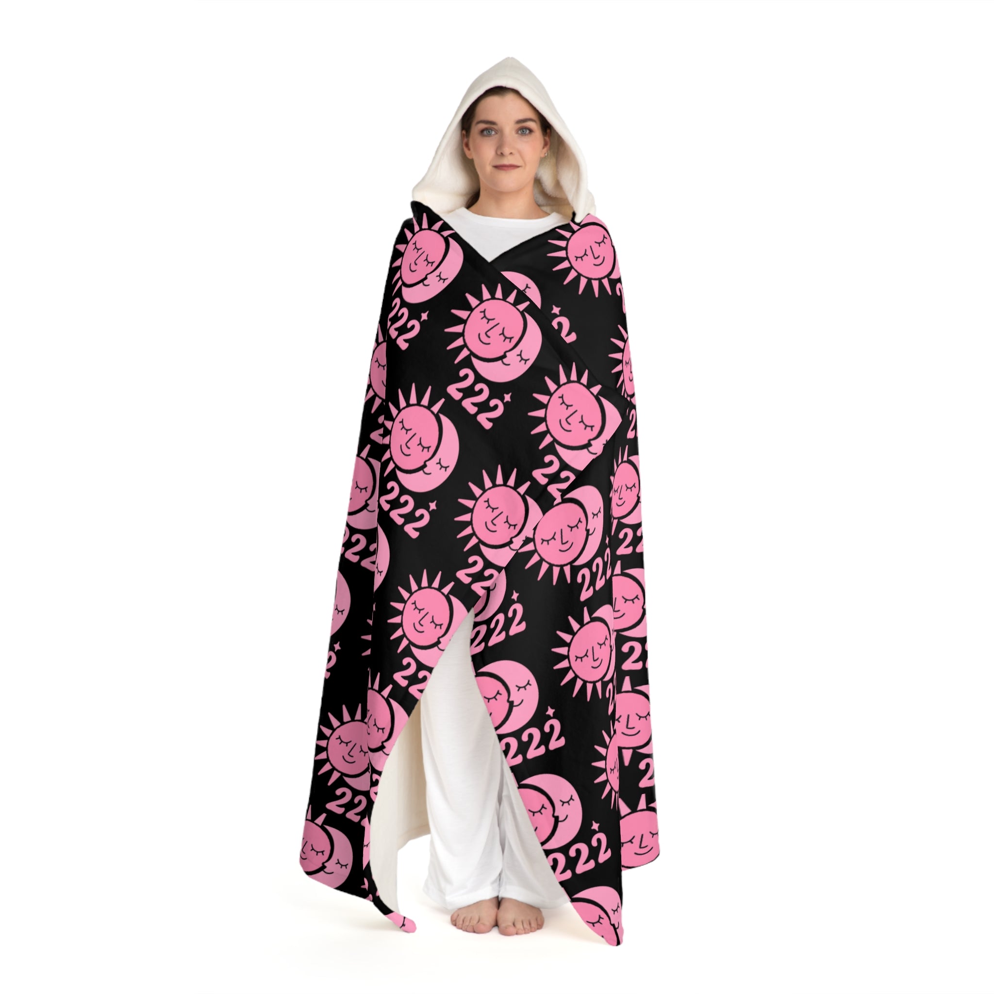 Hooded Sherpa Blanket — Black & Pink Sun/Moon 222 Pattern
