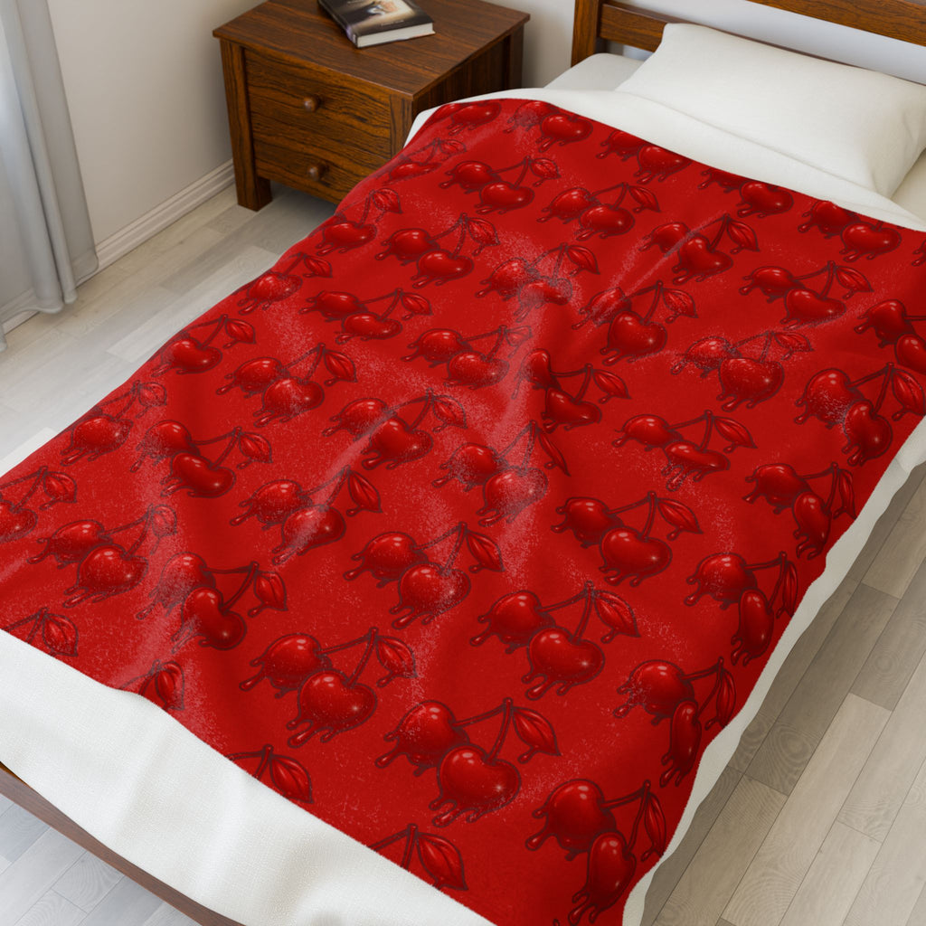 Dripping Candy Cherries Red Velveteen Plush Blanket