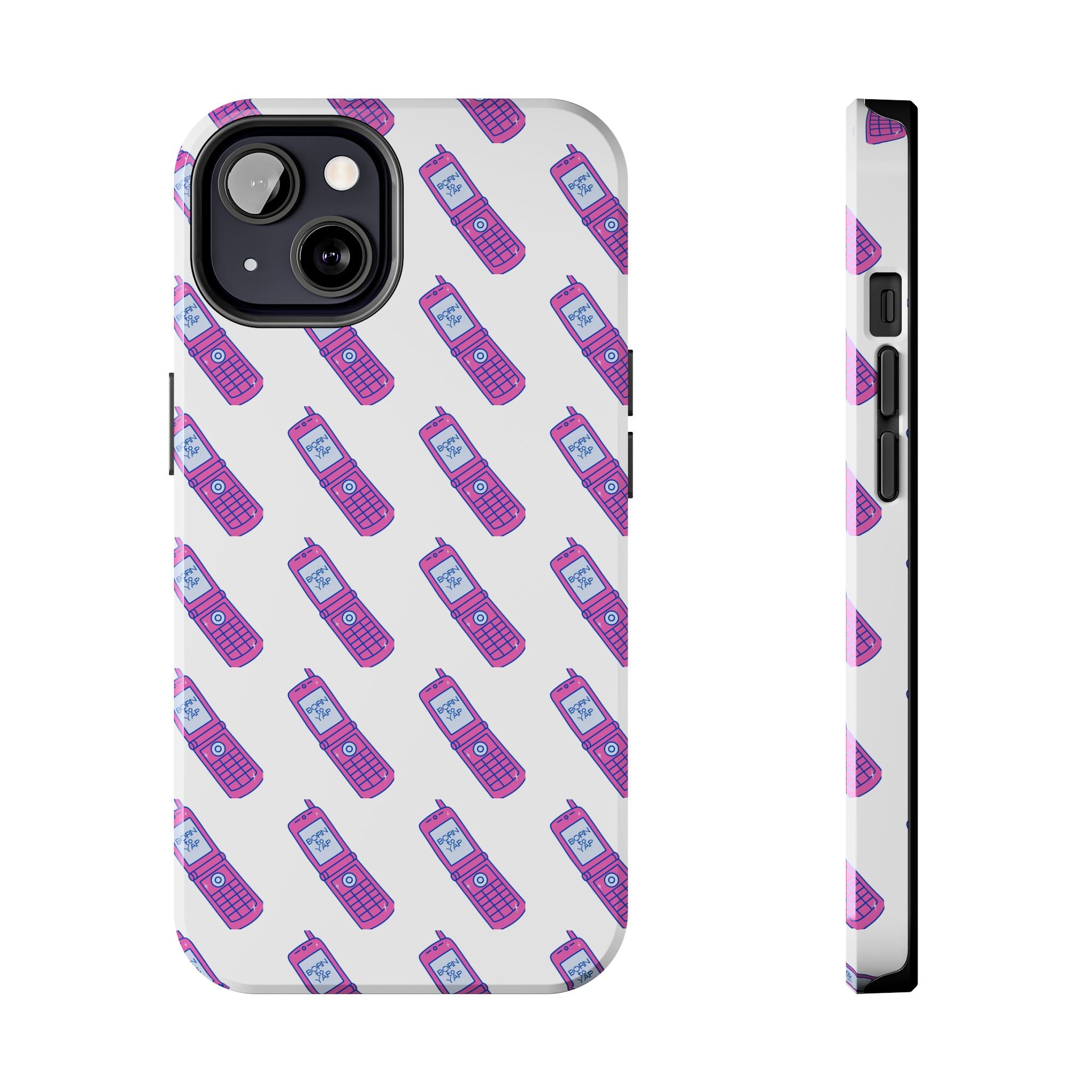 Retro Purple Born to Yap Flip Phone Phone Case | 90s Pattern, Cute Tech Design