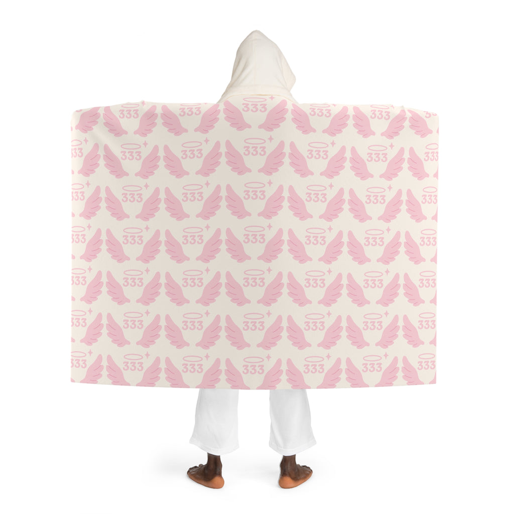 Hooded Sherpa Blanket -- White & Pink 333 Angel Wings Pattern