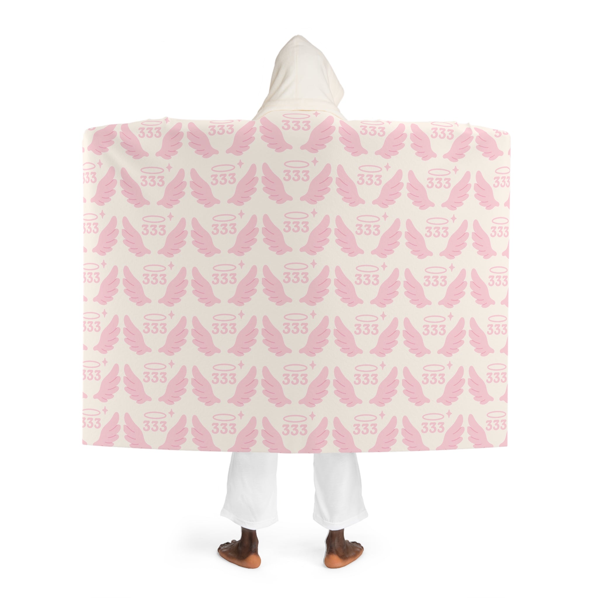 Hooded Sherpa Blanket -- White & Pink 333 Angel Wings Pattern