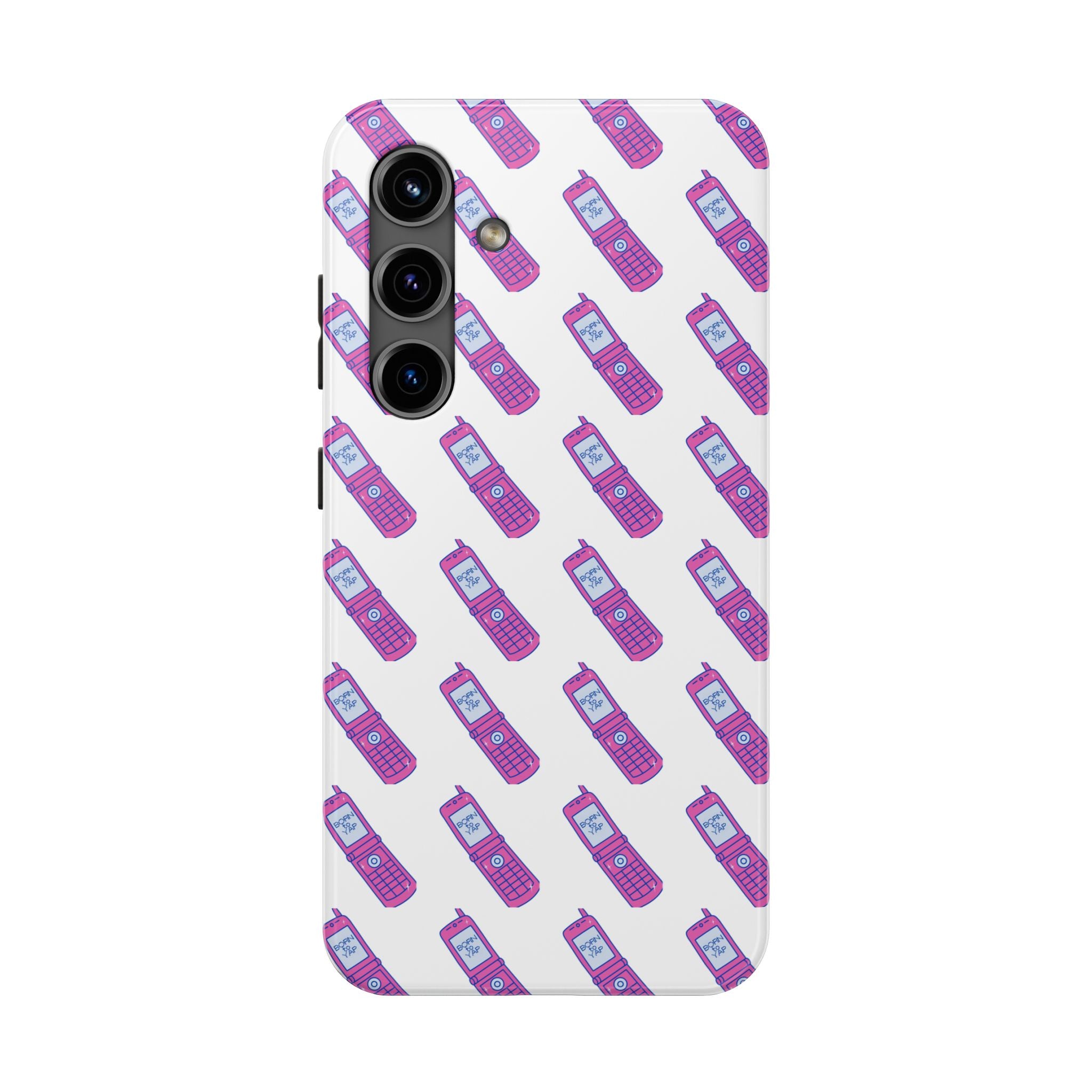 Retro Purple Born to Yap Flip Phone Phone Case | 90s Pattern, Cute Tech Design
