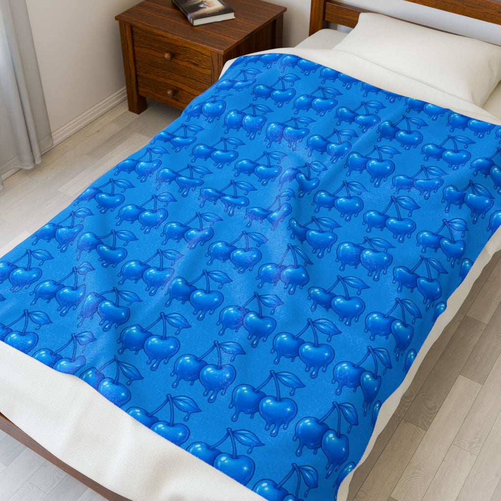 Dripping Candy Cherries Blue Velveteen Plush Blanket