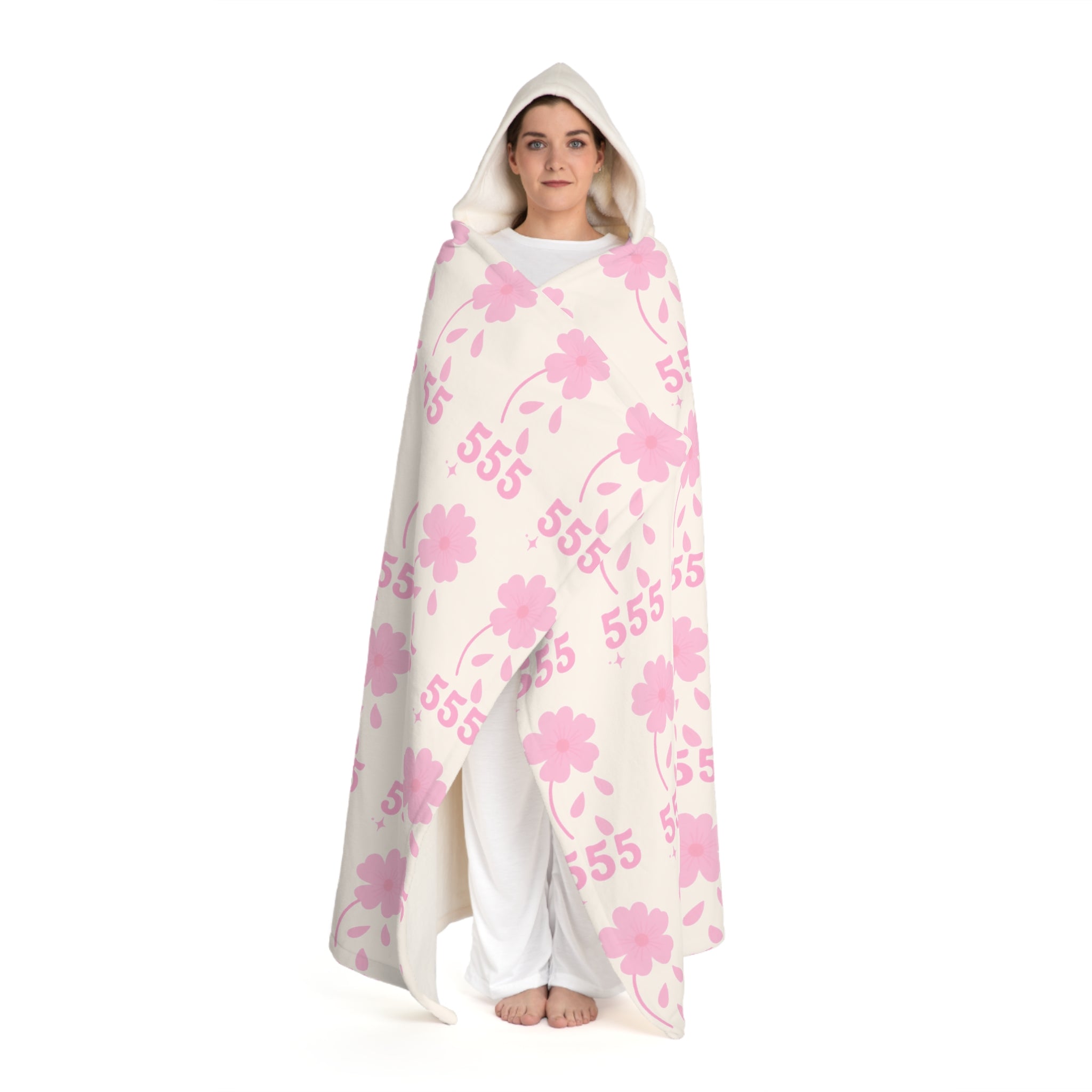 Hooded Sherpa Blanket -- White & Pink 555 Flower Pattern