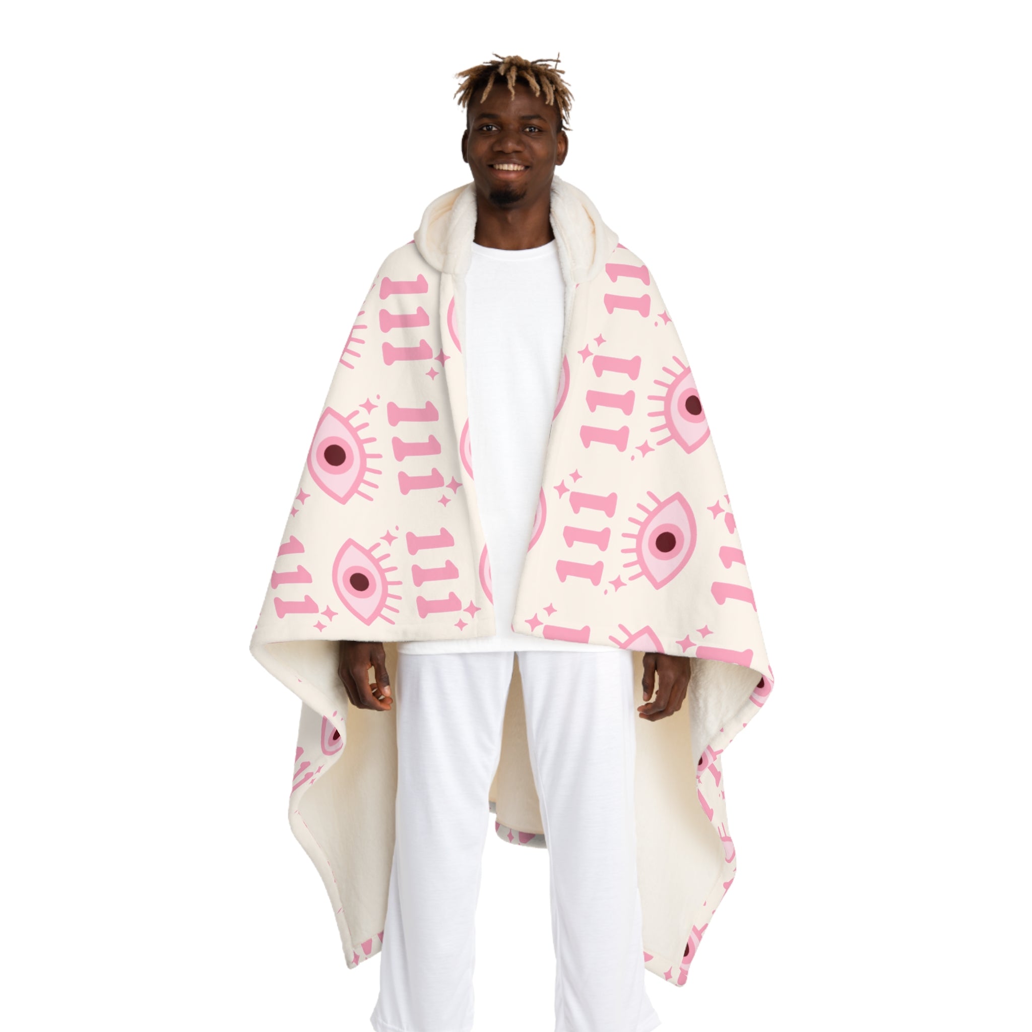 Hooded Sherpa Blanket -- White & Pink 111 Evil Eye Pattern