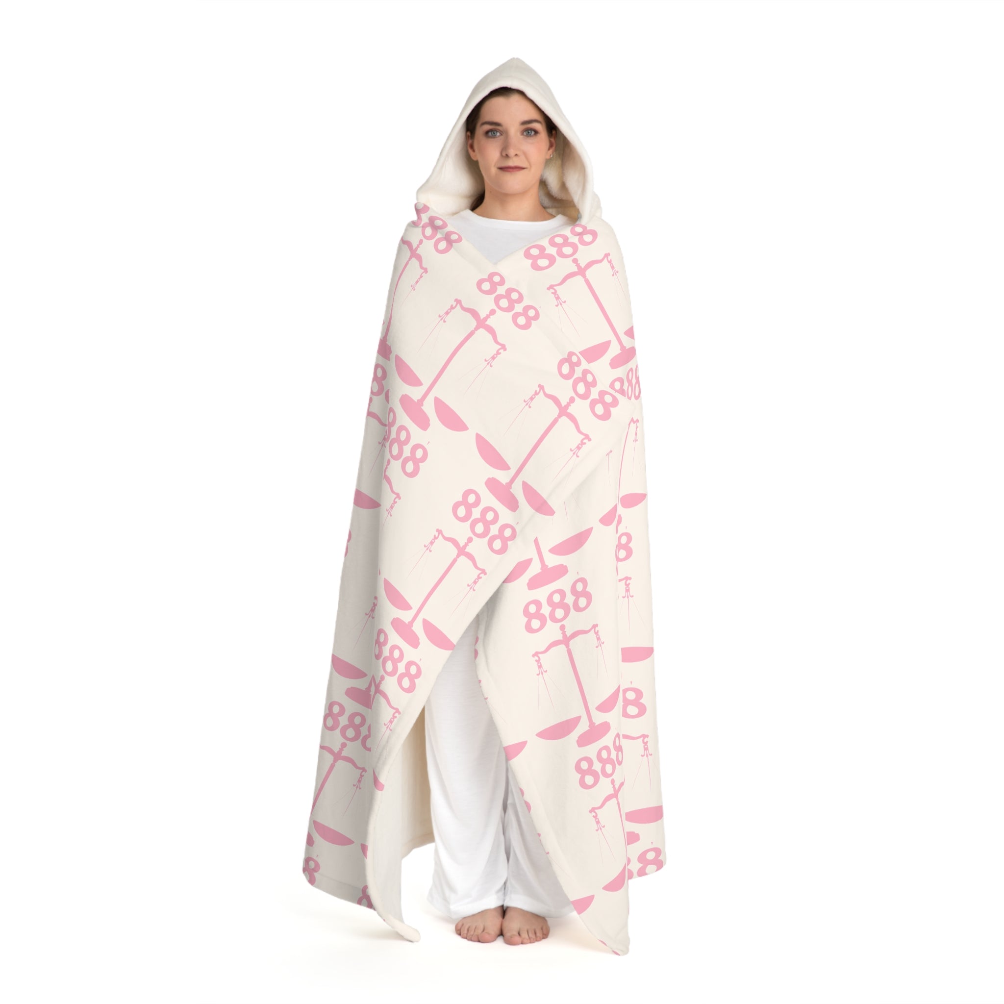 Hooded Sherpa Blanket -- White & Pink 888 Scale Pattern