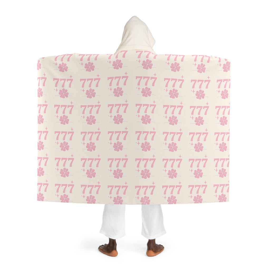 Hooded Sherpa Blanket -- White & Pink 777 Four Leaf Clover Pattern