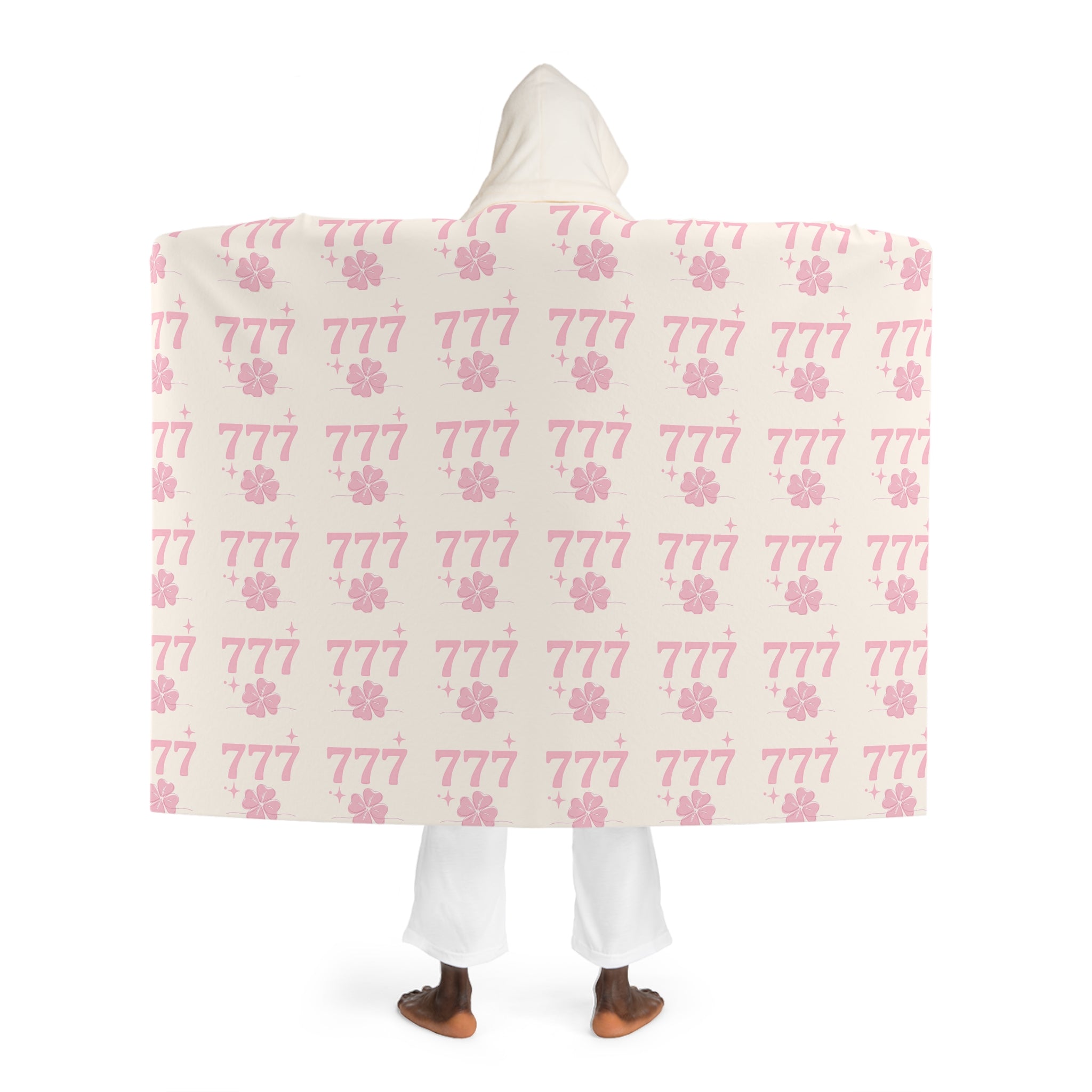Hooded Sherpa Blanket -- White & Pink 777 Four Leaf Clover Pattern