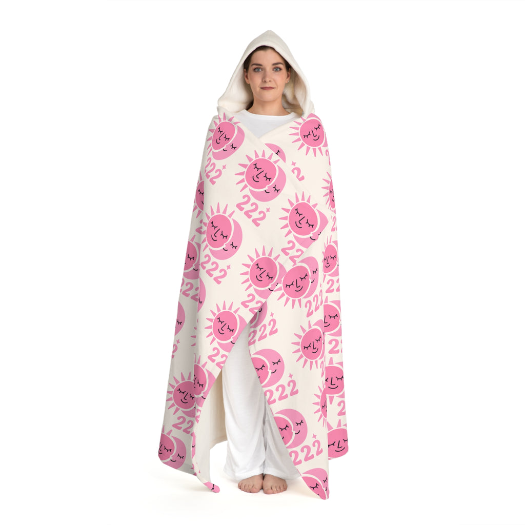 Hooded Sherpa Blanket -- White & Pink 222 Sun & Moon Pattern