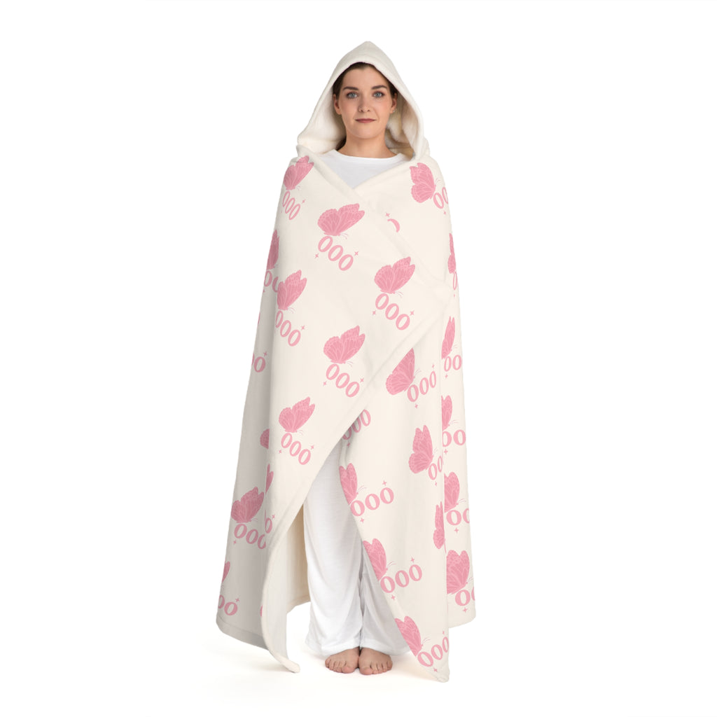 Hooded Sherpa Blanket -- White & Pink 000 Butterfly Pattern