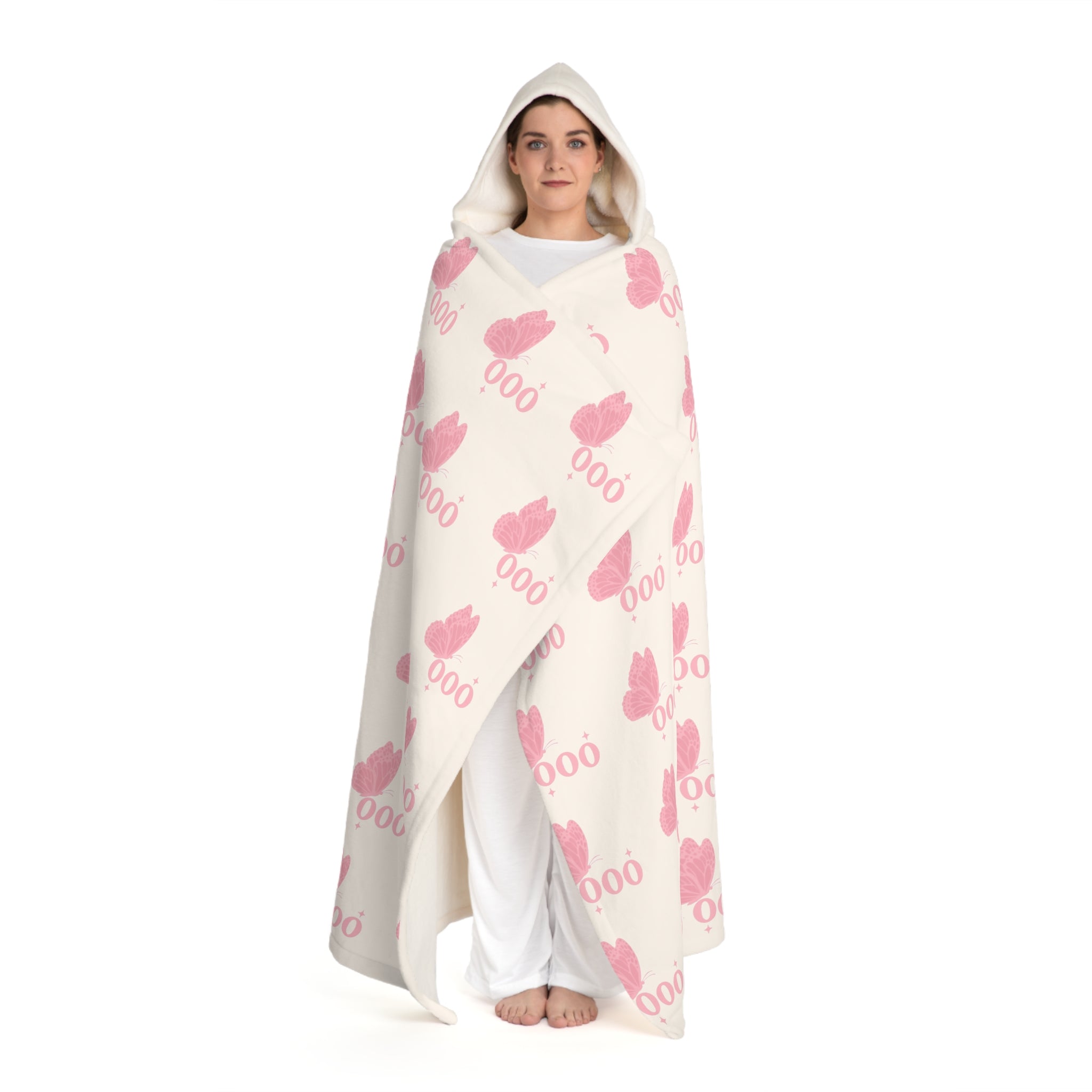 Hooded Sherpa Blanket -- White & Pink 000 Butterfly Pattern