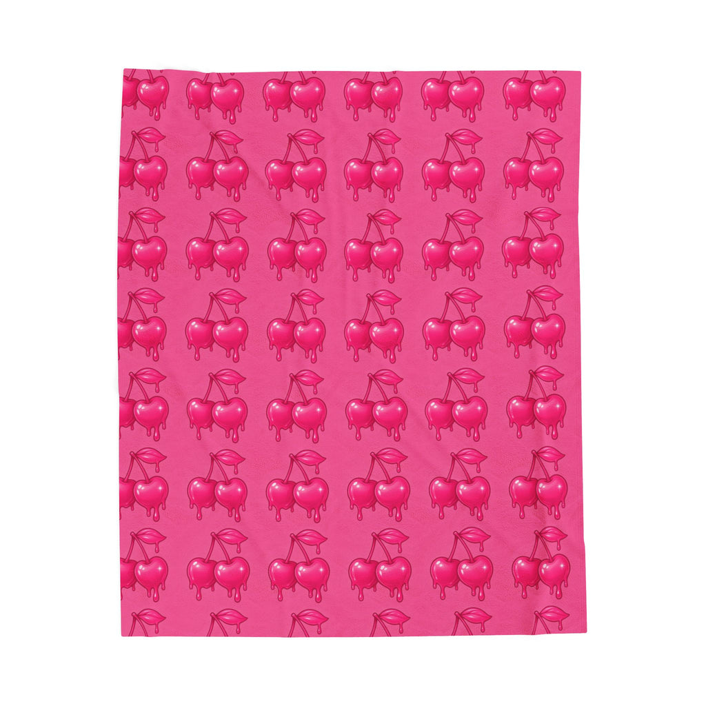 Dripping Candy Cherries Pink Velveteen Plush Blanket