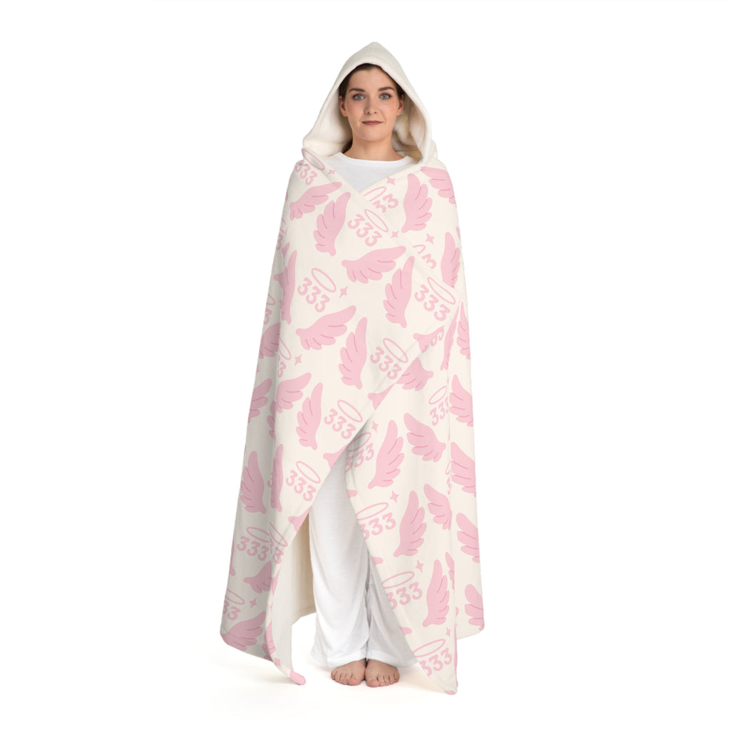 Hooded Sherpa Blanket -- White & Pink 333 Angel Wings Pattern