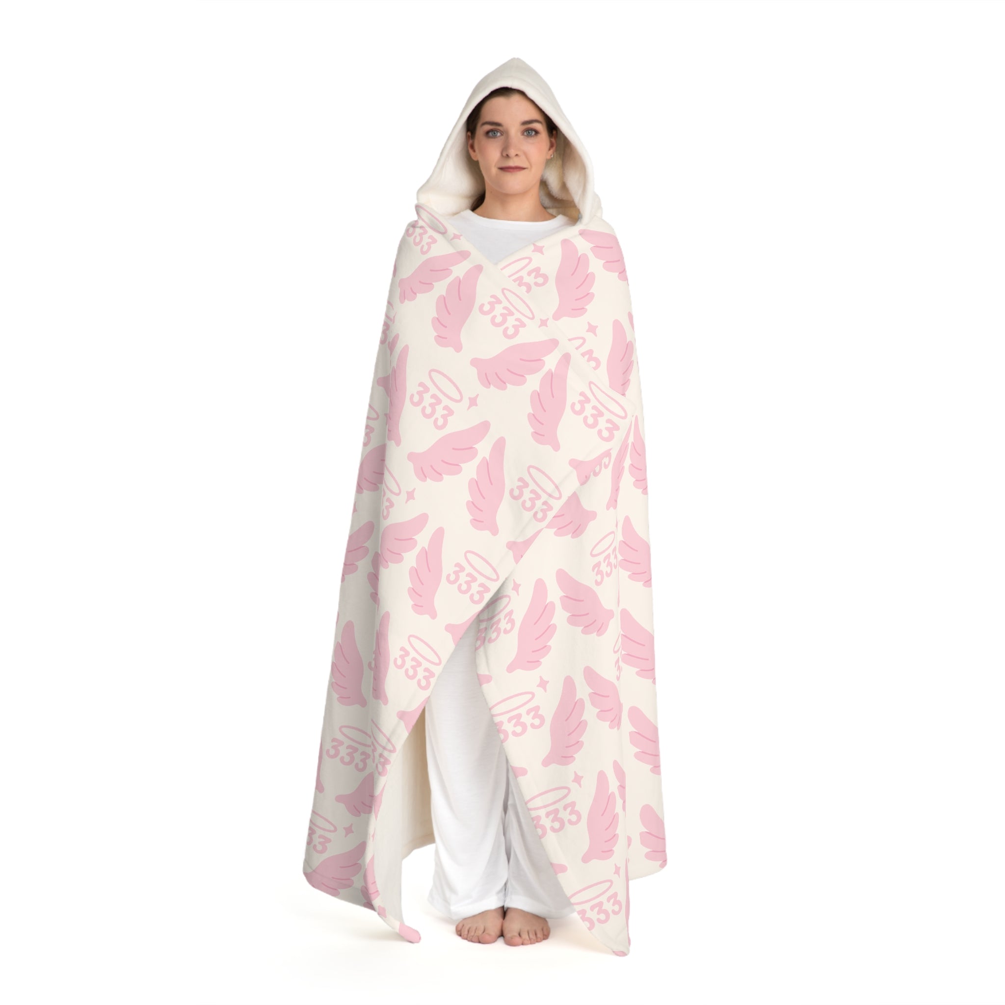 Hooded Sherpa Blanket -- White & Pink 333 Angel Wings Pattern