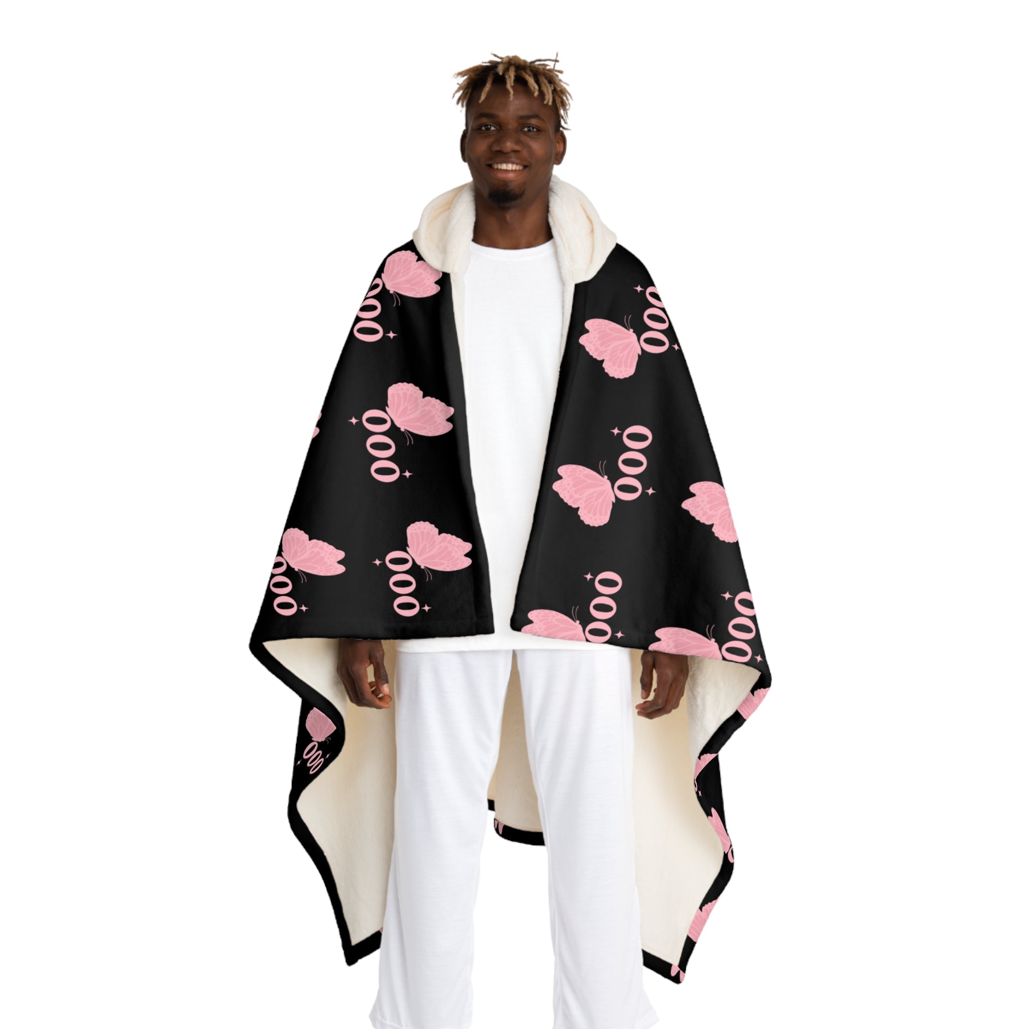 Hooded Sherpa Blanket — Black & Pink 000 Butterfly Pattern