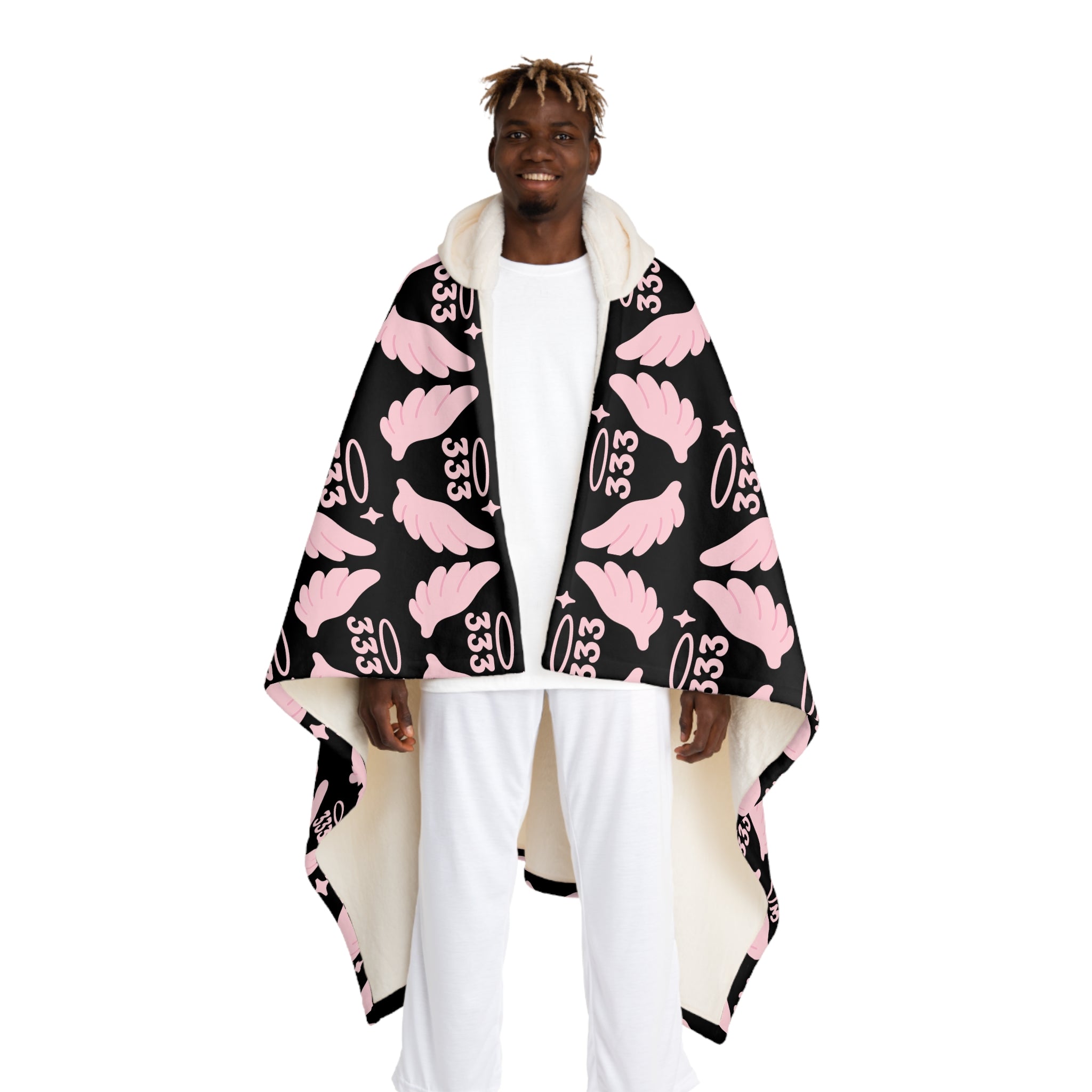 Hooded Sherpa Blanket — Black & Pink Angel 333 Pattern