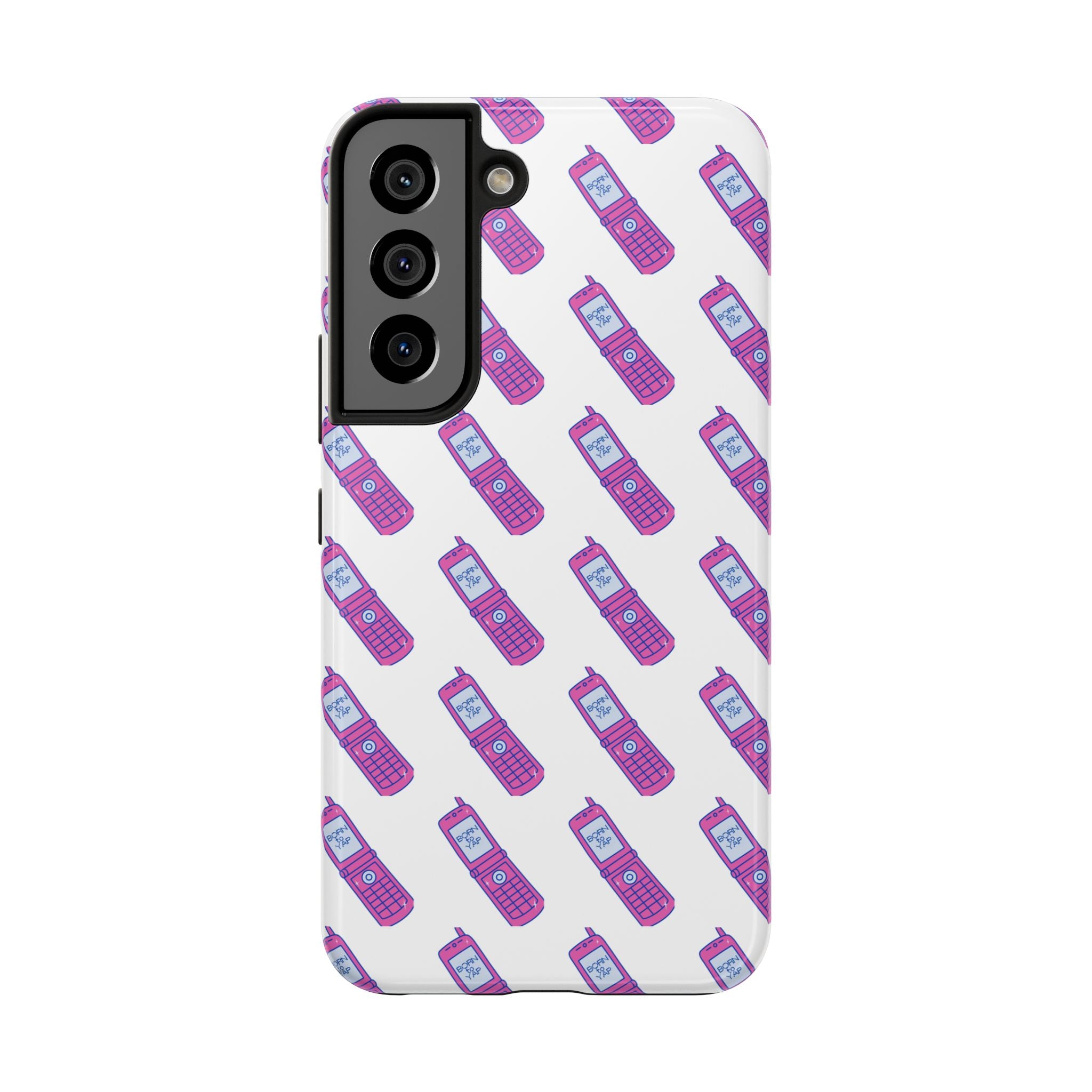 Retro Purple Born to Yap Flip Phone Phone Case | 90s Pattern, Cute Tech Design