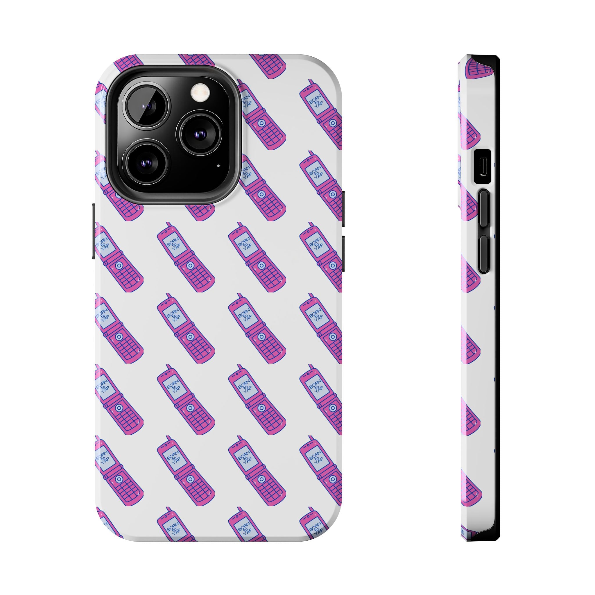 Retro Purple Born to Yap Flip Phone Phone Case | 90s Pattern, Cute Tech Design