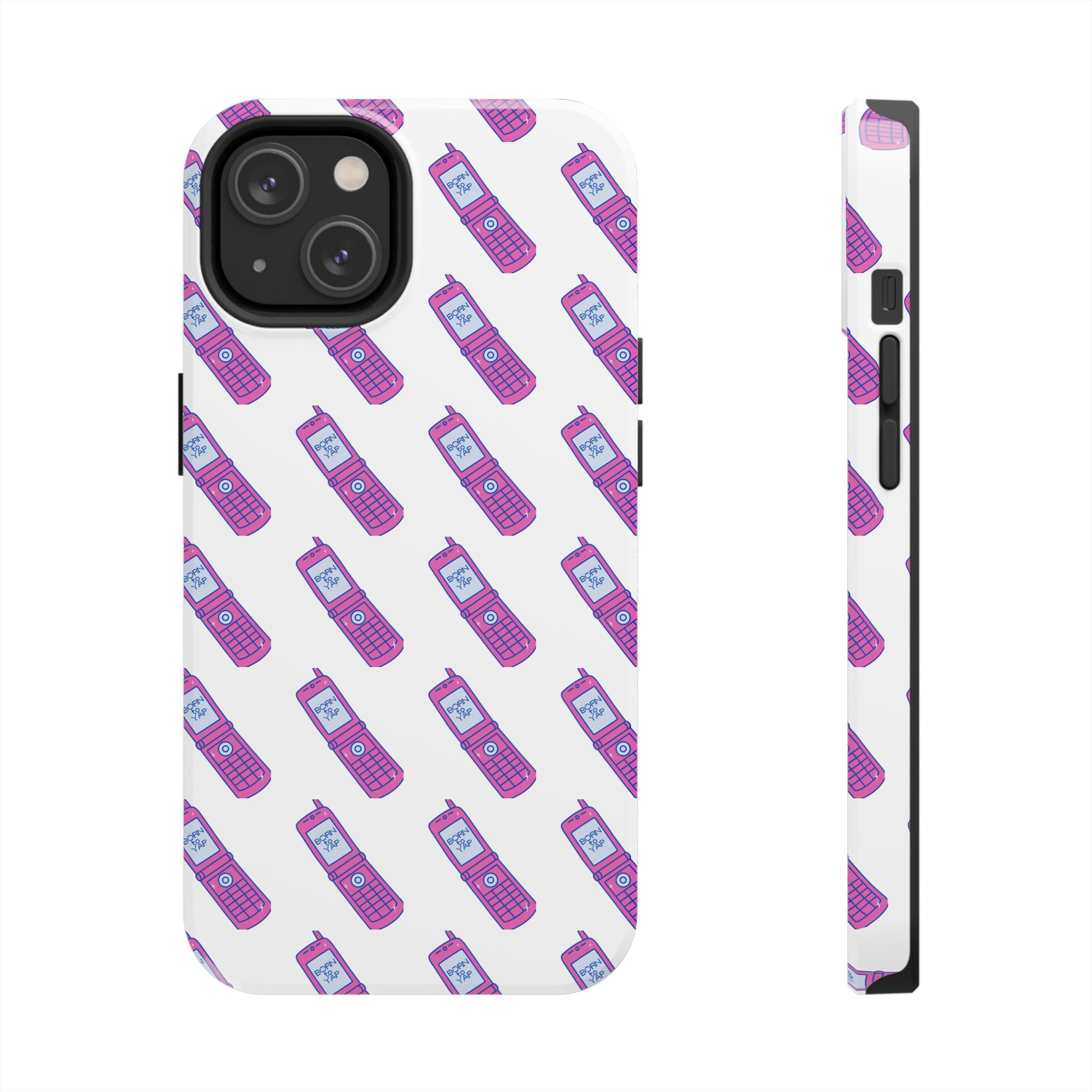Retro Purple Born to Yap Flip Phone Phone Case | 90s Pattern, Cute Tech Design