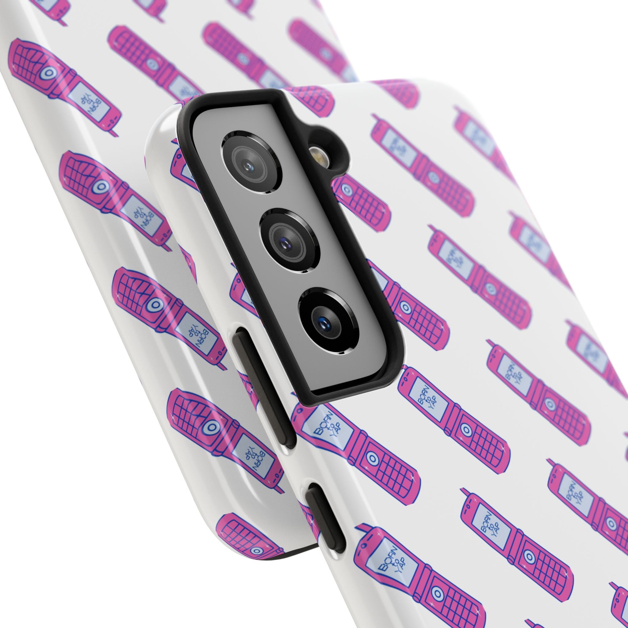 Retro Purple Born to Yap Flip Phone Phone Case | 90s Pattern, Cute Tech Design