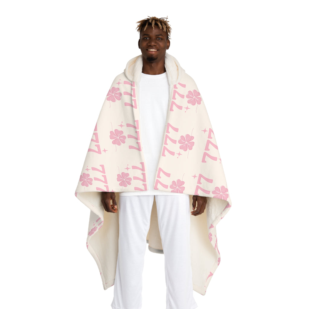 Hooded Sherpa Blanket -- White & Pink 777 Four Leaf Clover Pattern