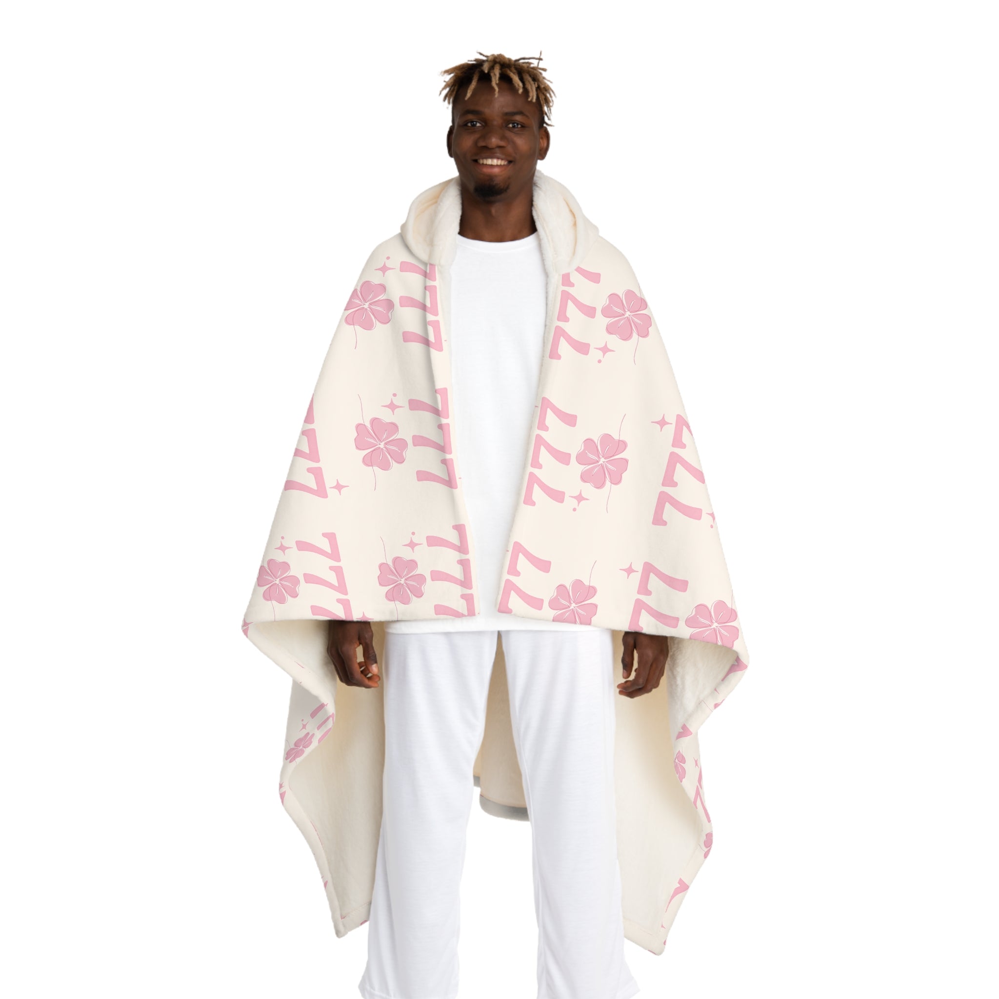 Hooded Sherpa Blanket -- White & Pink 777 Four Leaf Clover Pattern