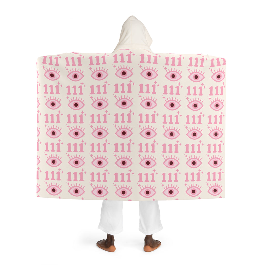 Hooded Sherpa Blanket -- White & Pink 111 Evil Eye Pattern