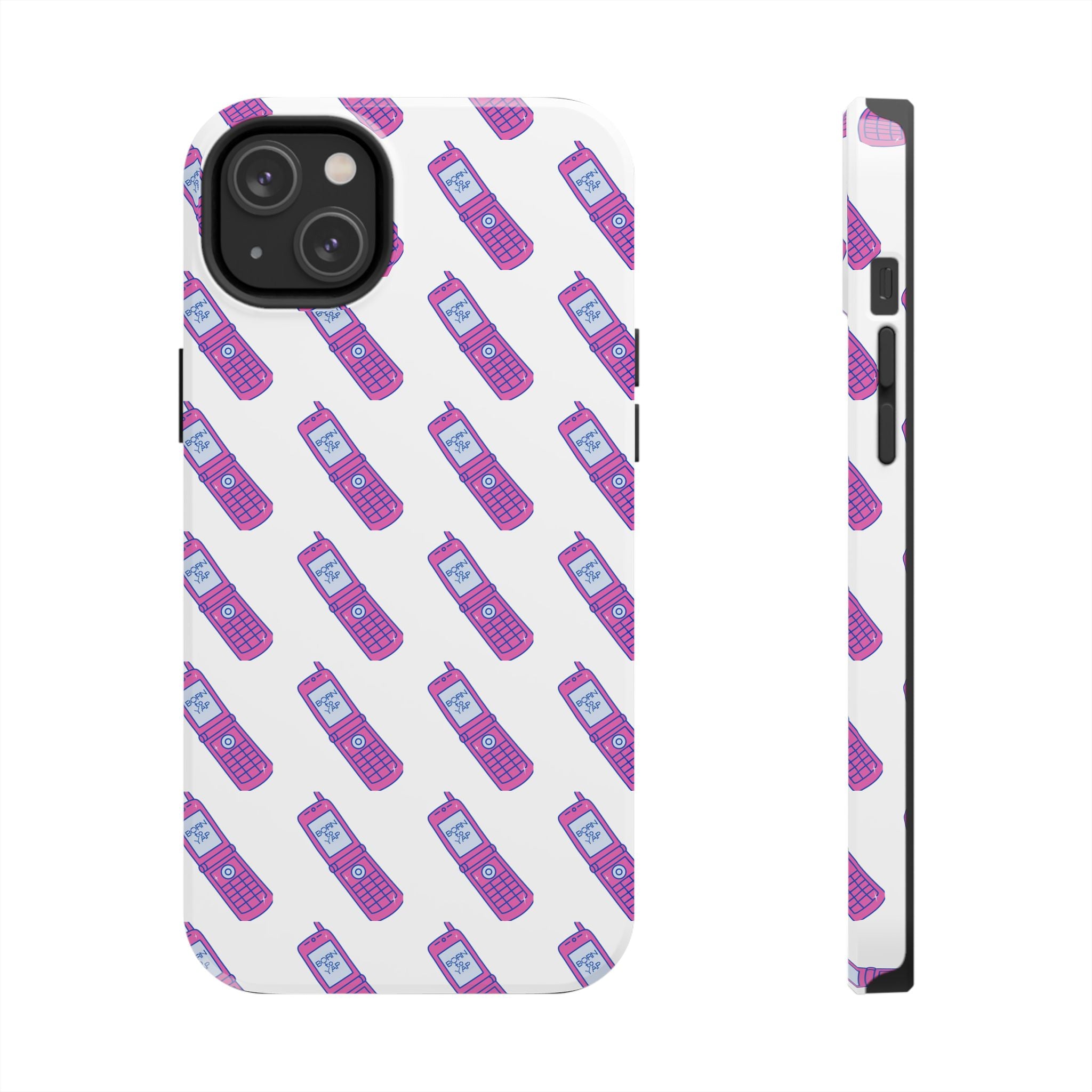 Retro Purple Born to Yap Flip Phone Phone Case | 90s Pattern, Cute Tech Design