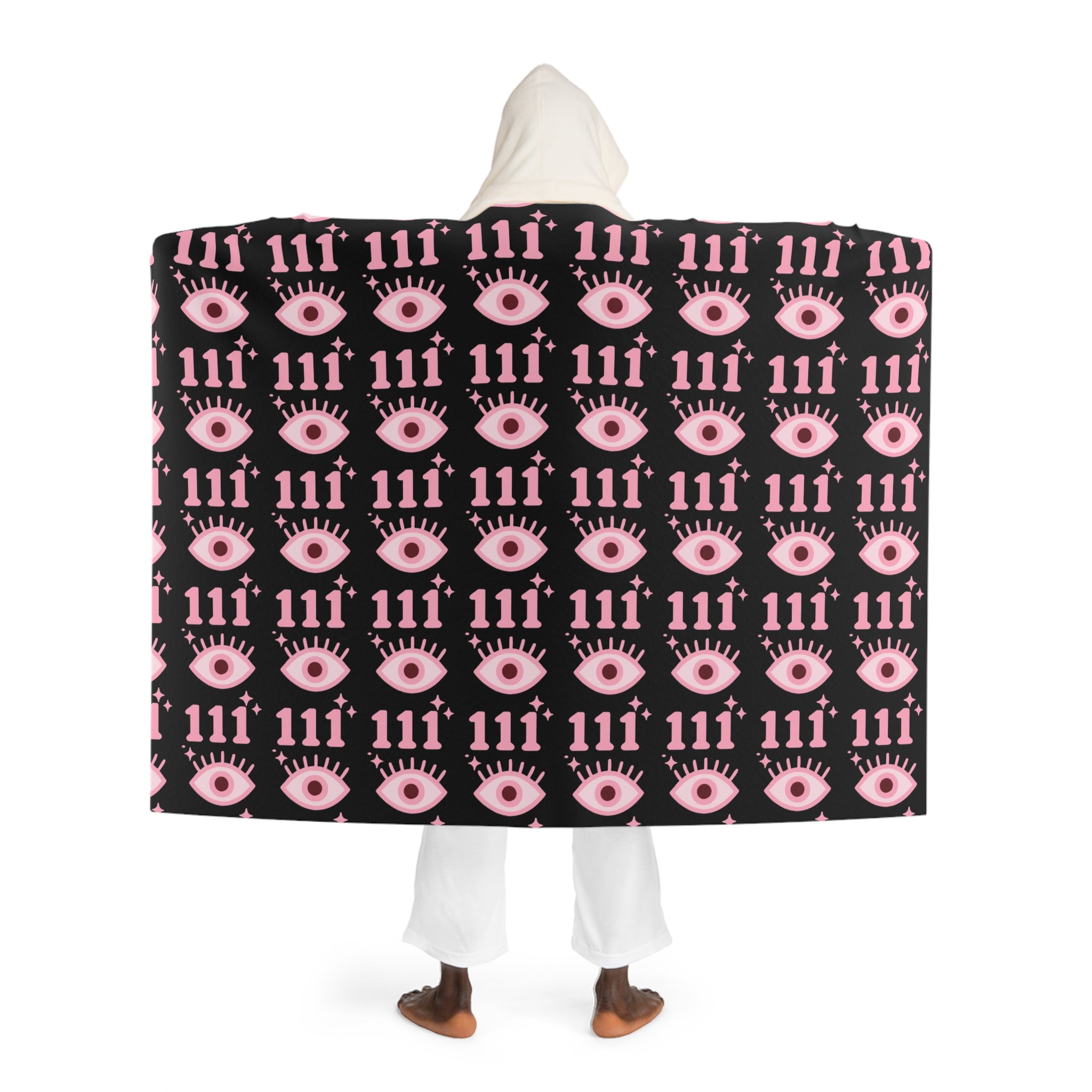 Hooded Sherpa Blanket — Black & Pink Evil Eye 111 Pattern