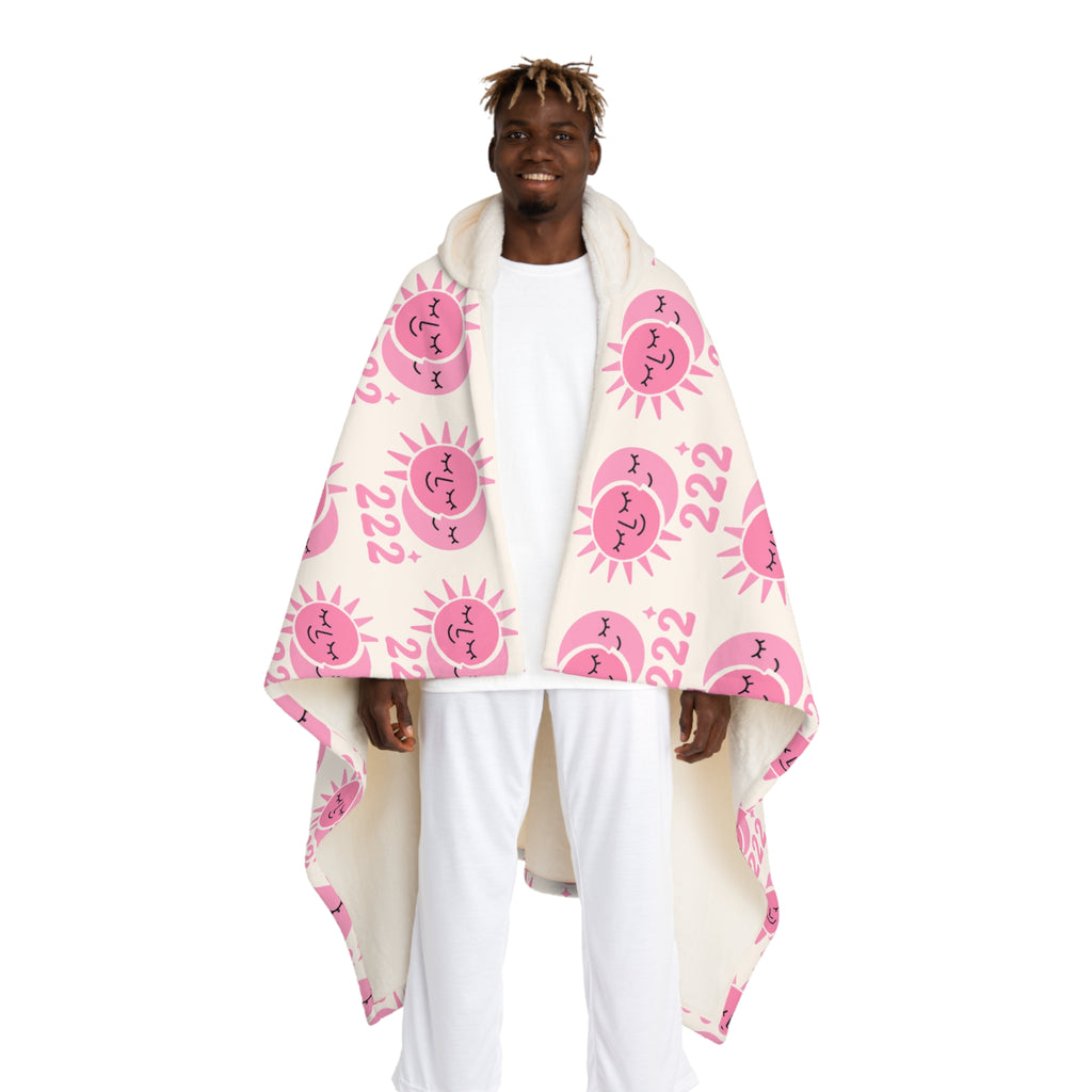 Hooded Sherpa Blanket -- White & Pink 222 Sun & Moon Pattern