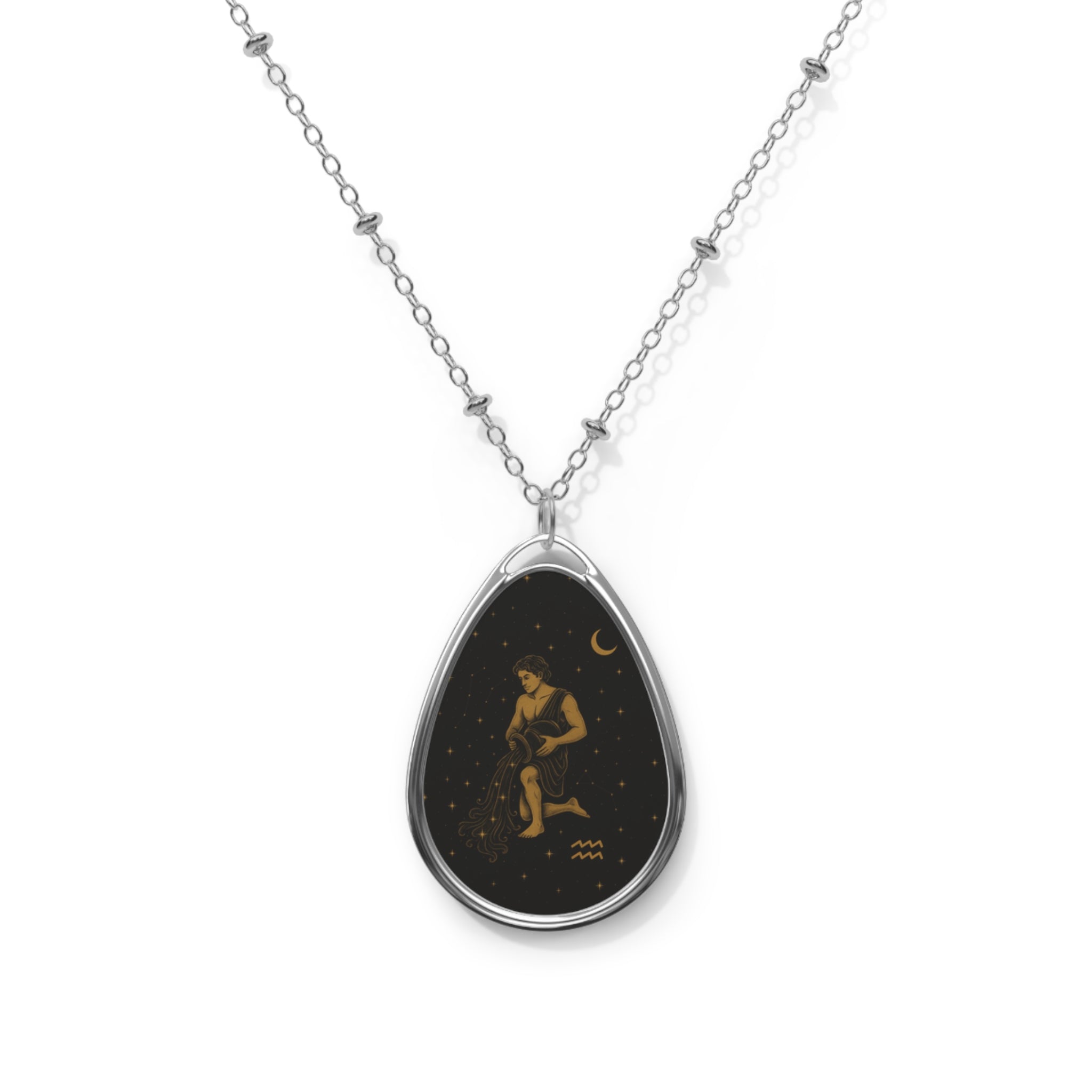 Aquarius Zodiac Oval Necklace — Gold Constellation Pendant on Black