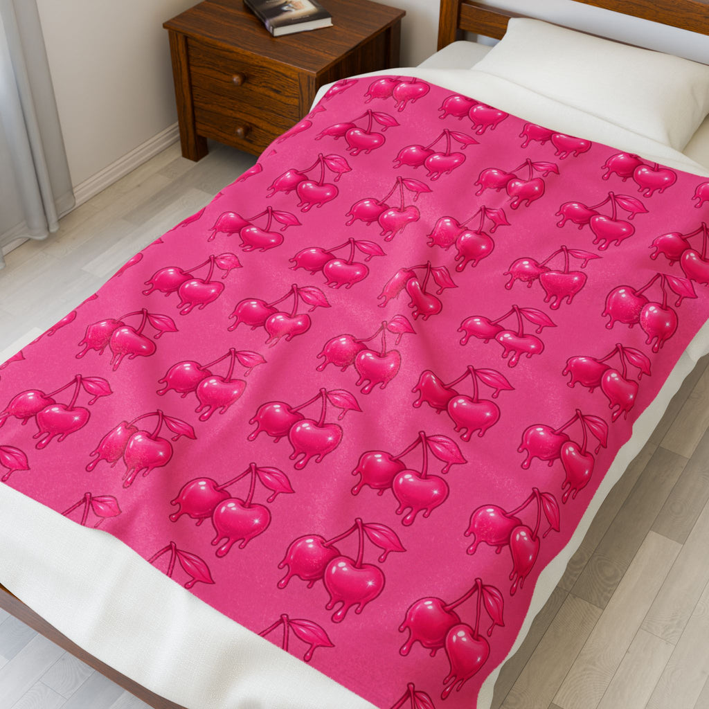 Dripping Candy Cherries Pink Velveteen Plush Blanket