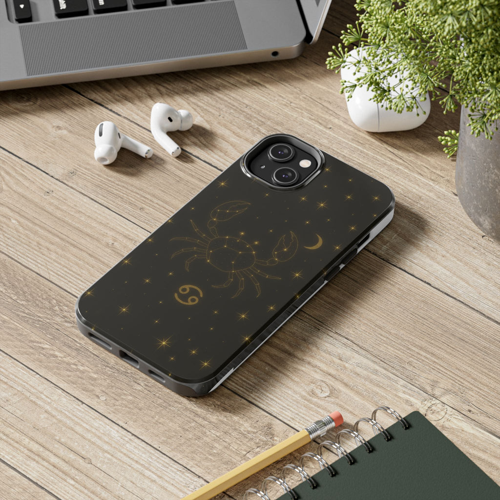Cancer Zodiac Tough Phone Case — Gold Constellation Crab with Crescent Moon