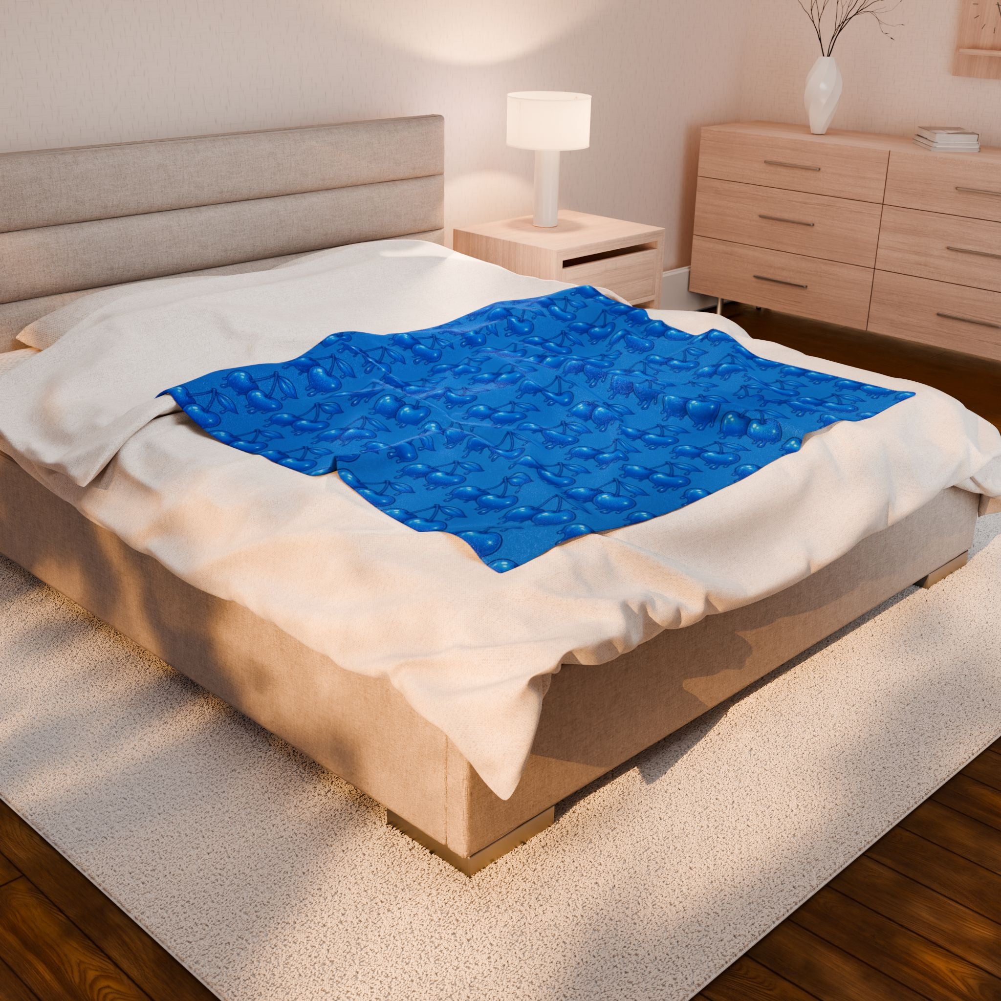 Dripping Candy Cherries Blue Velveteen Plush Blanket