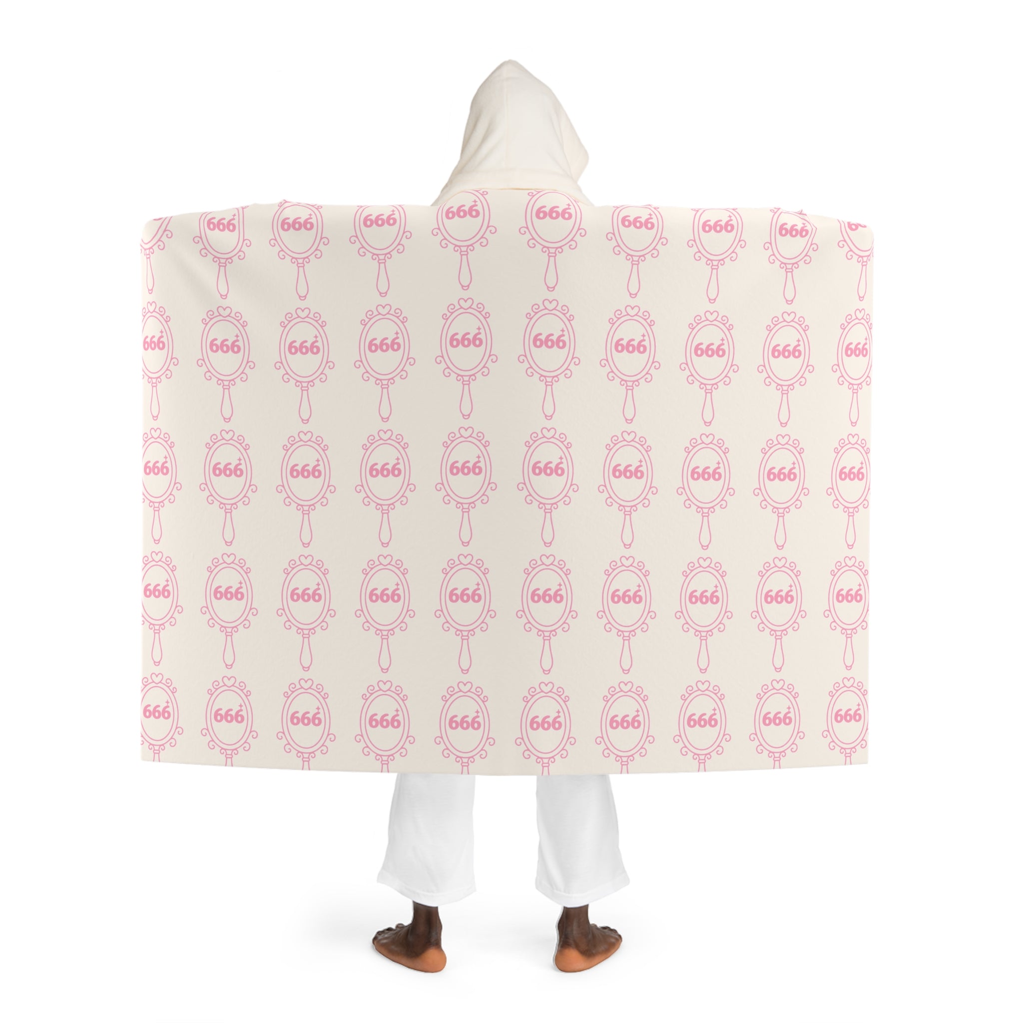 Hooded Sherpa Blanket -- White & Pink 666 Mirror Pattern