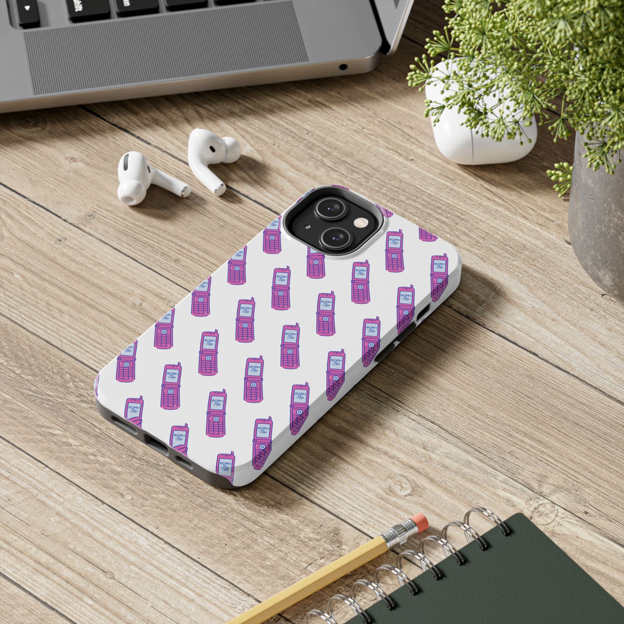 Retro Purple Born to Yap Flip Phone Phone Case | 90s Pattern, Cute Tech Design