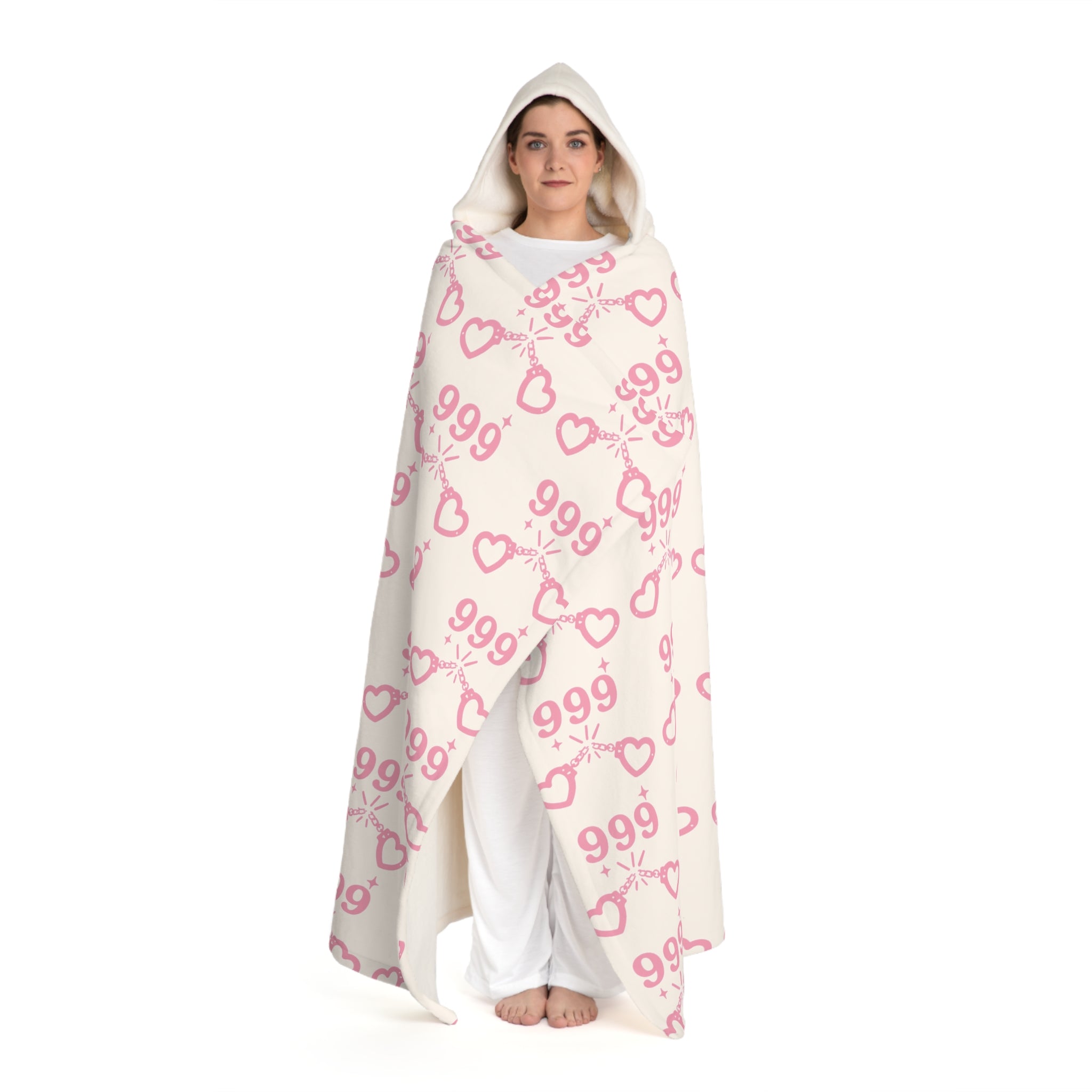 Hooded Sherpa Blanket -- White & Pink 999 Cuffs Pattern