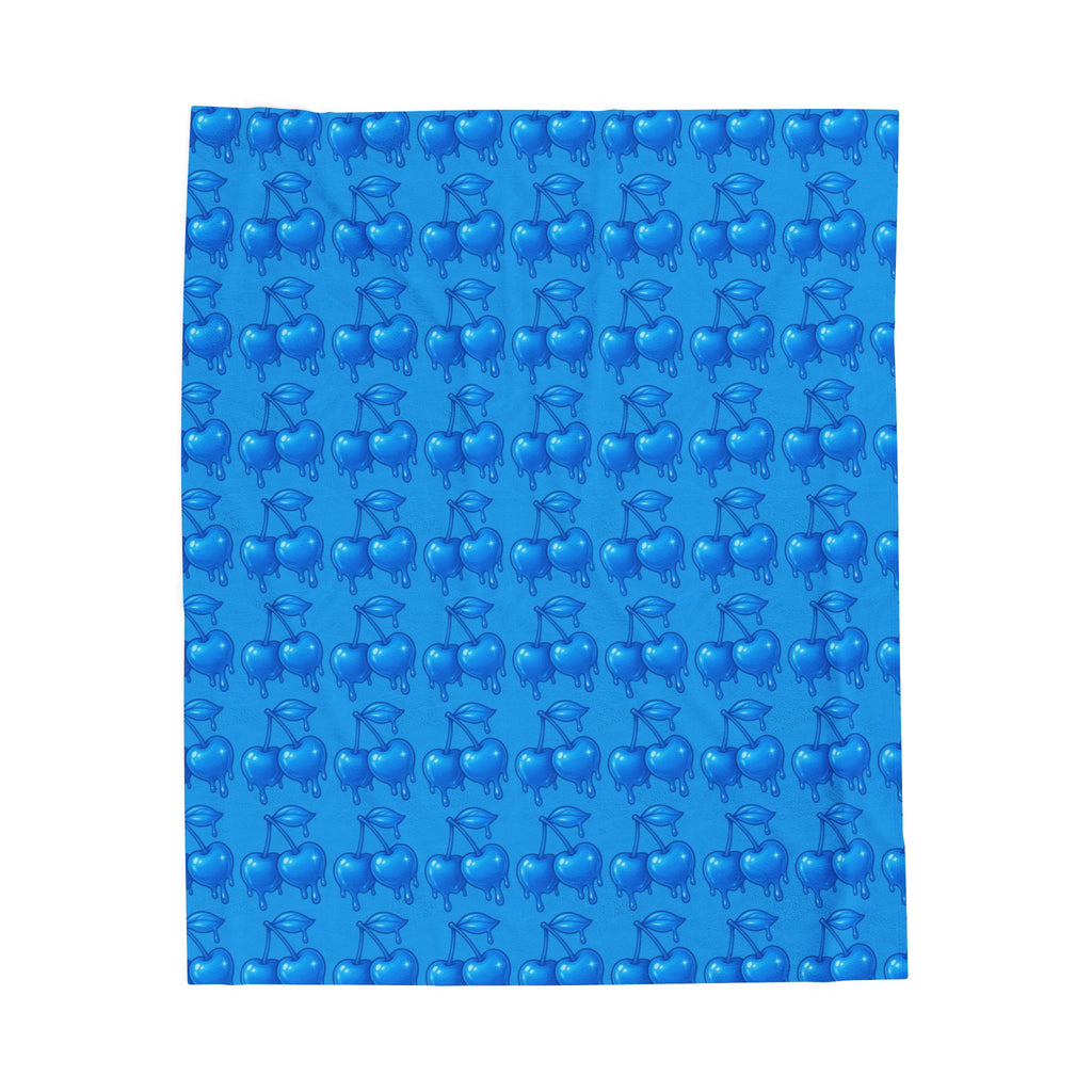 Dripping Candy Cherries Blue Velveteen Plush Blanket